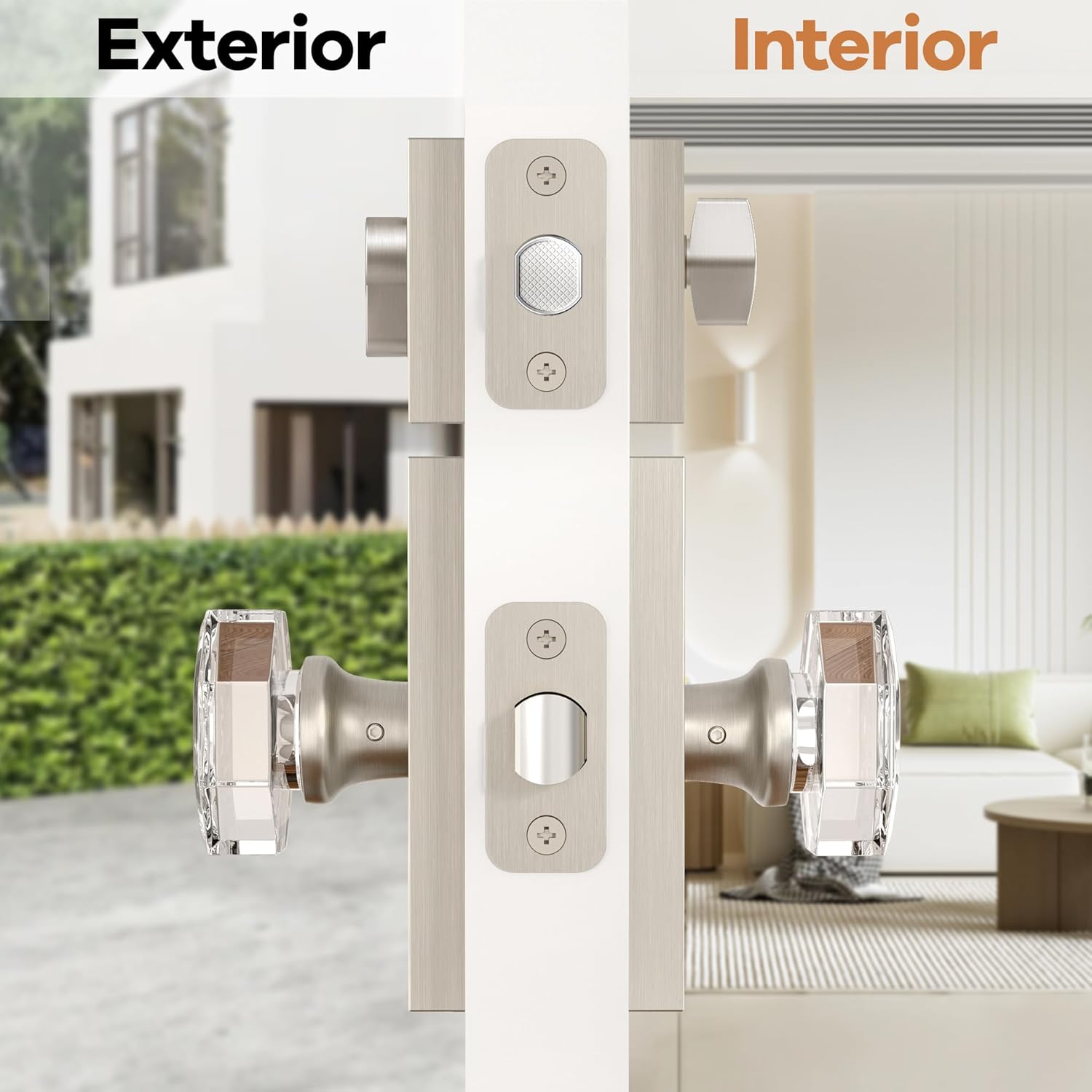 クリスタルエクステリアドアロックセット、八角形ガラスドアノブ、シングルシリンダーデッドボルトロック付き、同一キーエントリーロックセッ