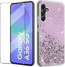 Glitter Bling Case For Samsung Galaxy A36 5G / A56 5G Case with 1 Pcs Tempered Glass Screen Protector For Samsung A36 5G A56 5G Soft TPU Slim Fit Shockproof Anti-Scratch-Pink