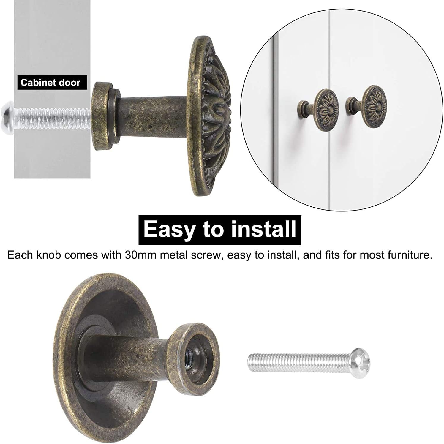 Namvo 10pcs Vintage Cabinet Knobs Bronze Zinc Flower Pattern 31mm Door Knob for Chest of Drawers Kitchen Cupboard Wardrobes Pull Handles - Image 5