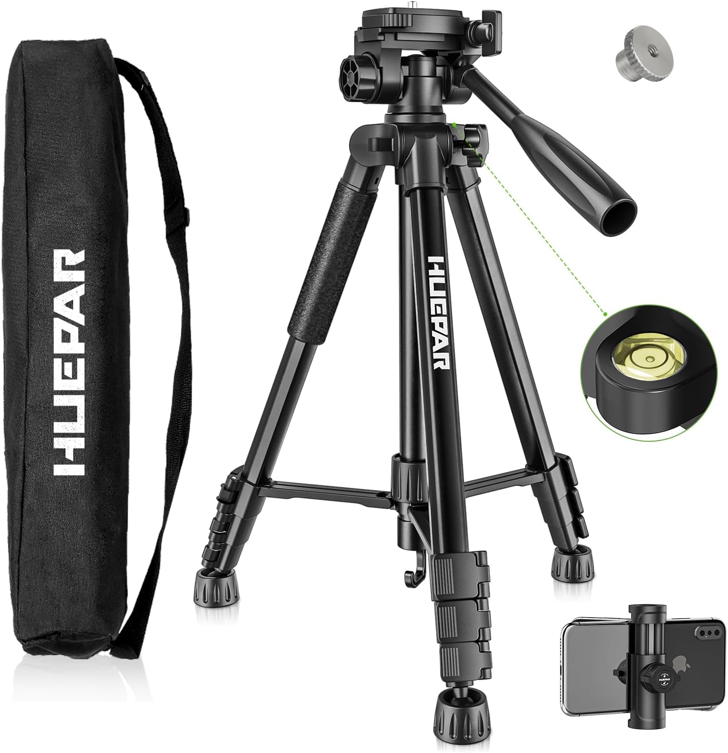 Huepar Professional Laser Level Tripod, 60 Inch Adjustable Laser Level Stand, Suit for Heavy Duty Laser Levels, Point Lasers, Laser Distance Measures; 1/4" & 5/8" Thread Mount, Non-Slip Feet, TPD14B