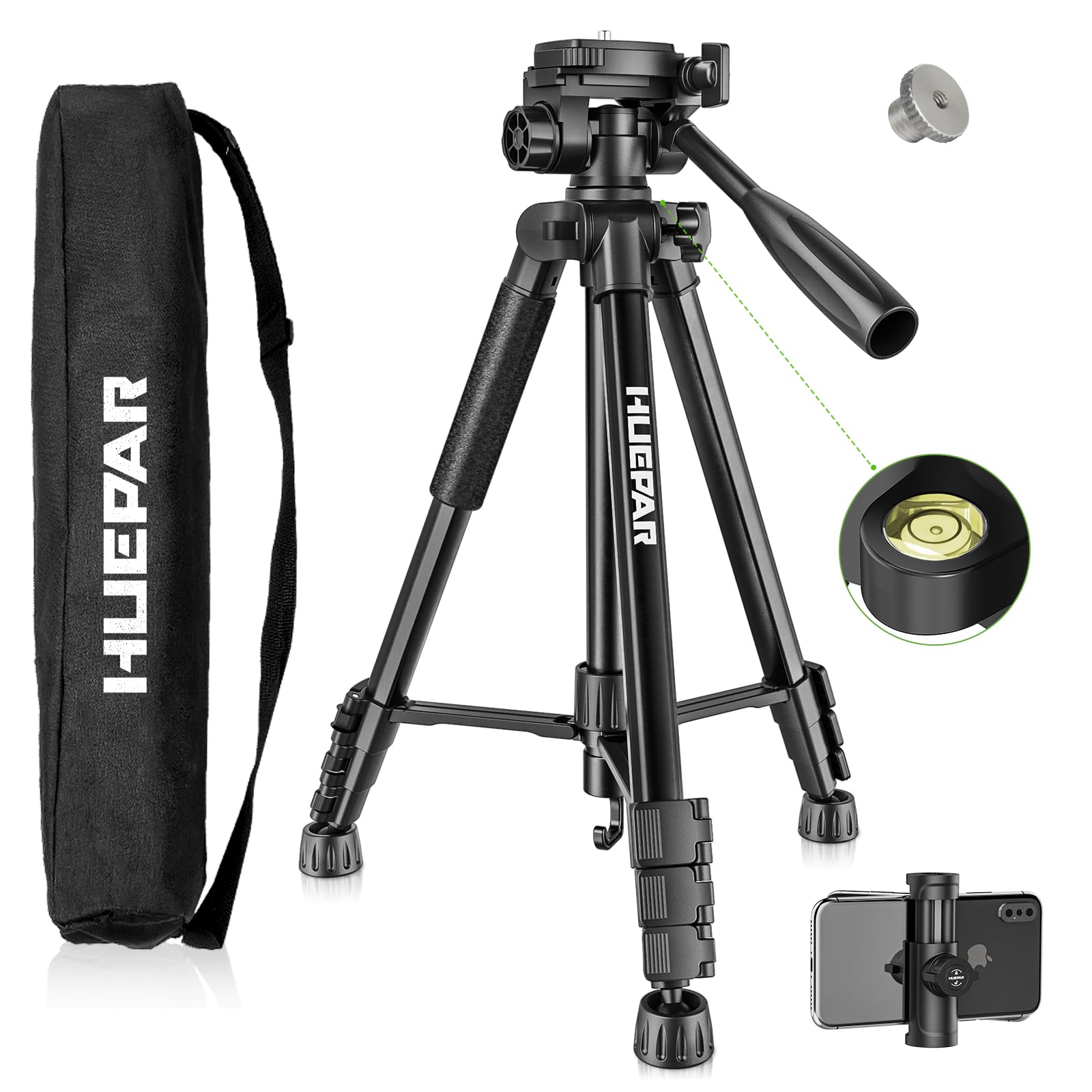 Huepar Professional Laser Level Tripod, 60 Inch Adjustable Laser Level Stand, Suit for Heavy Duty Laser Levels, Point Lasers, Laser Distance Measures; 1/4" & 5/8" Thread Mount, Non-Slip Feet, TPD14B