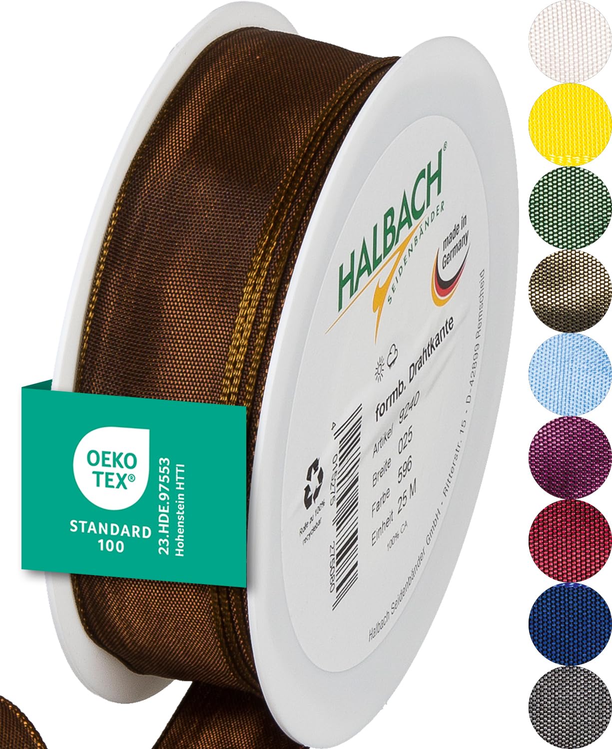 Halbach Seidenbänder Premium Geschenkband mit Drahtkante | Breite 25mm Länge 25m | Öko-Tex 100 zertifiziertes Schleifenband | Taftband Made in Germany, Farbe: dunkelbraun