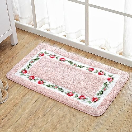 Miniatura 2 de QMEAKMONY Alfombras de baño románticas con diseño de rosas, suaves, absorbentes, antideslizantes, tapete de entrada (rosa, 16 x 24 pulgadas)