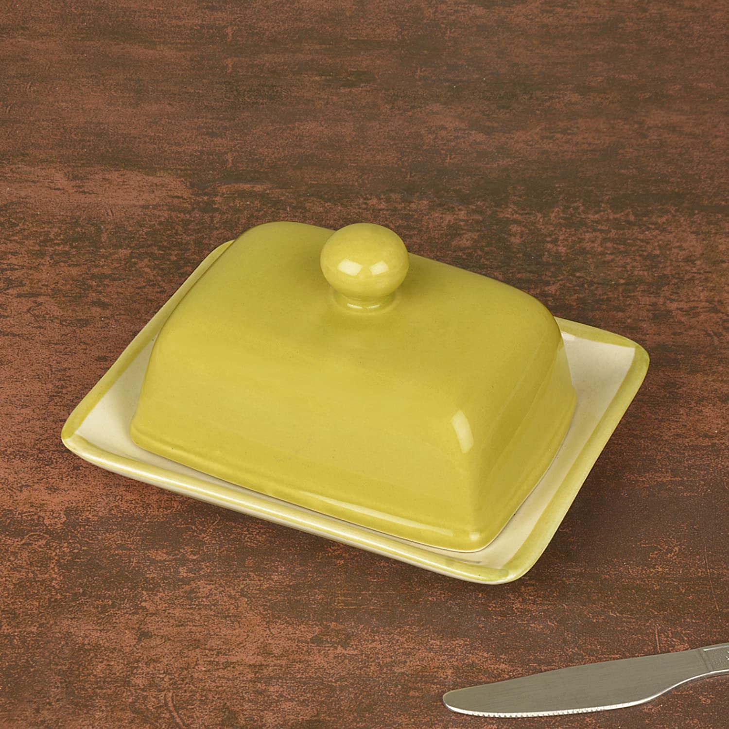 StyleMyWay Glazed Ceramic Butter Dish with Lid (Lime Green, Height - 8 cm) | Butter Serving Set | Butter Container for 500 gm