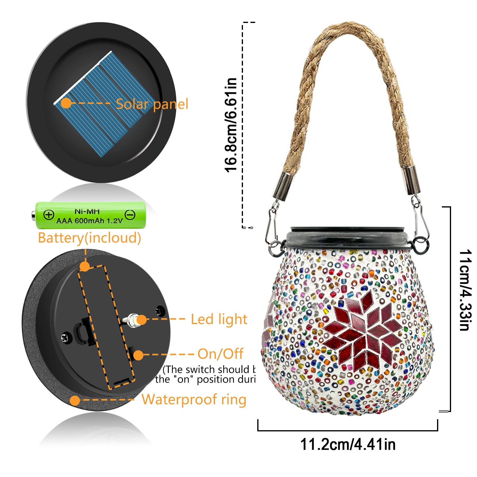1PCS Oval Solar Mosaic Lights Outdoor, On/Off Glass Hanging Solar Mosaic Lanterns Lights IP65 Waterproof for Table Lawn Path Courtyard Deck Fence, Maple Mosaic Light — view 7
