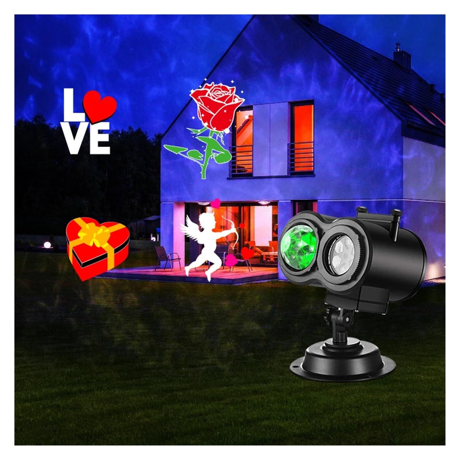 Projecteur Noel Exterieur, Lampe projecteur LED à Double Cylindre avec Motif d'eau, 16 Motifs, décoration de Nouvel an et de noël, lumières de Cartes Lumineuses, Halloween et noël