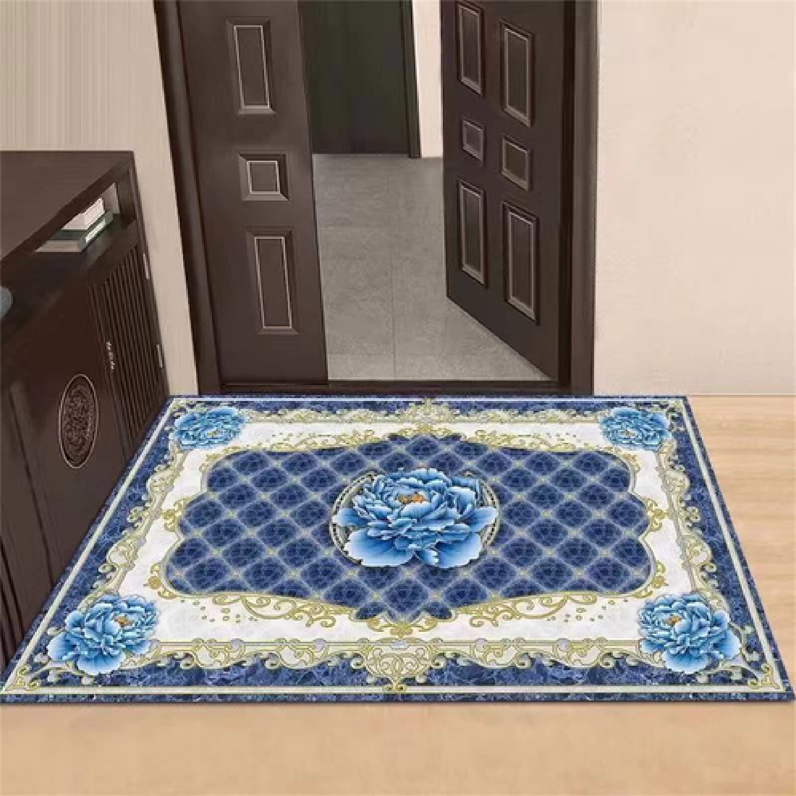 Tapis de couloir bleu imprimé 50x80cm rectangulaire doux pour déco chambre