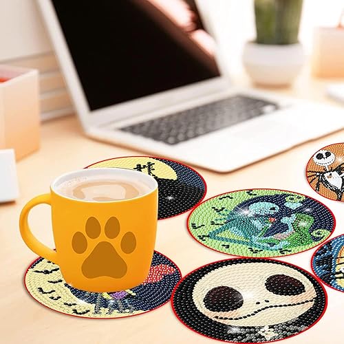 Miniatura 7 de Juego de 8 posavasos de pintura de diamantes de Halloween con soporte, kits de arte de diamantes de imitación 5D, kits de pintura de diamantes de