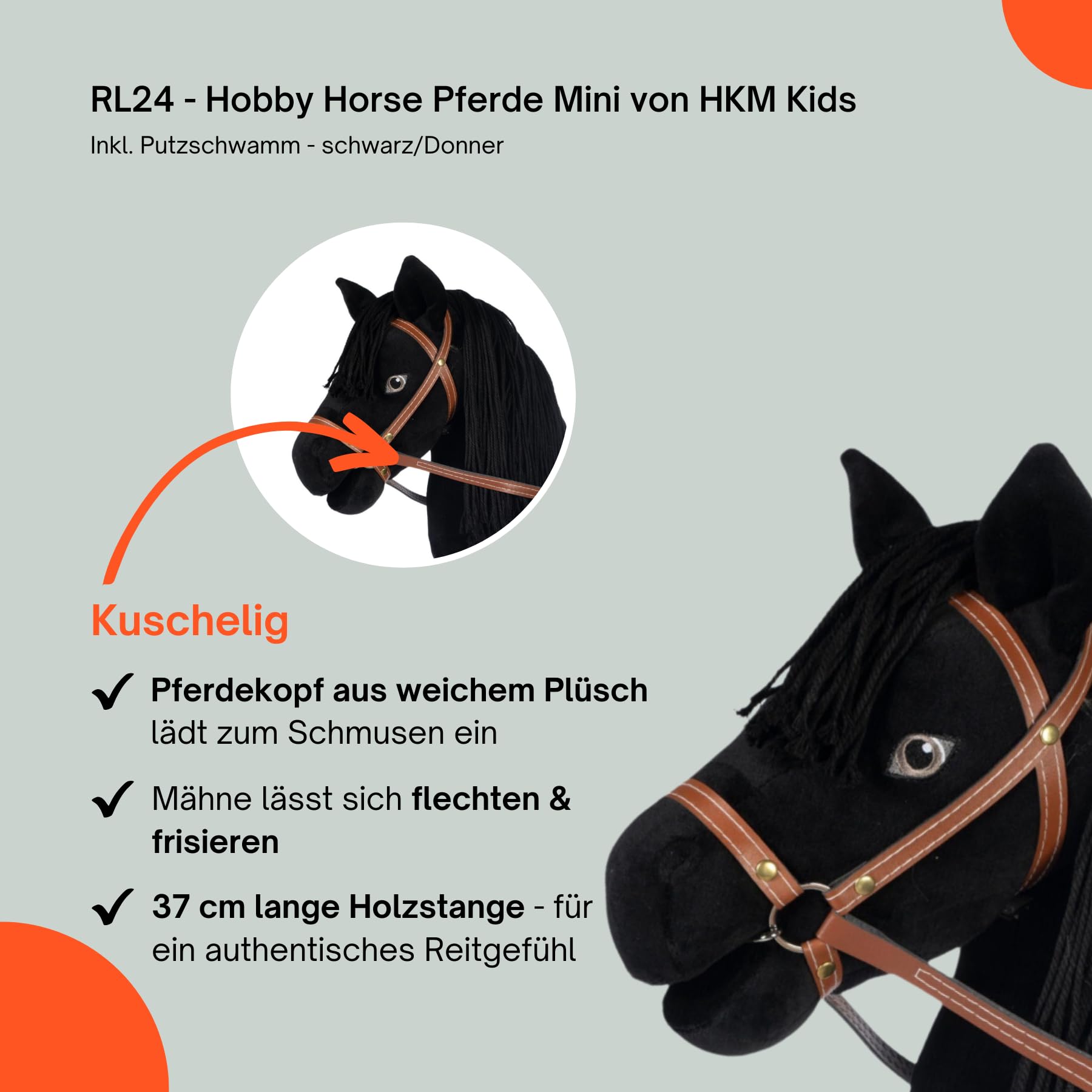 RL24 - Hobby Horse Pferde Mini von HKM Kids inkl. Putzschwamm – Steckenpferd – Spielpferd mit Holzstock, Mähne & Trense – Stockpferd ohne Griffe & Rollen – schwarz (Donner)
