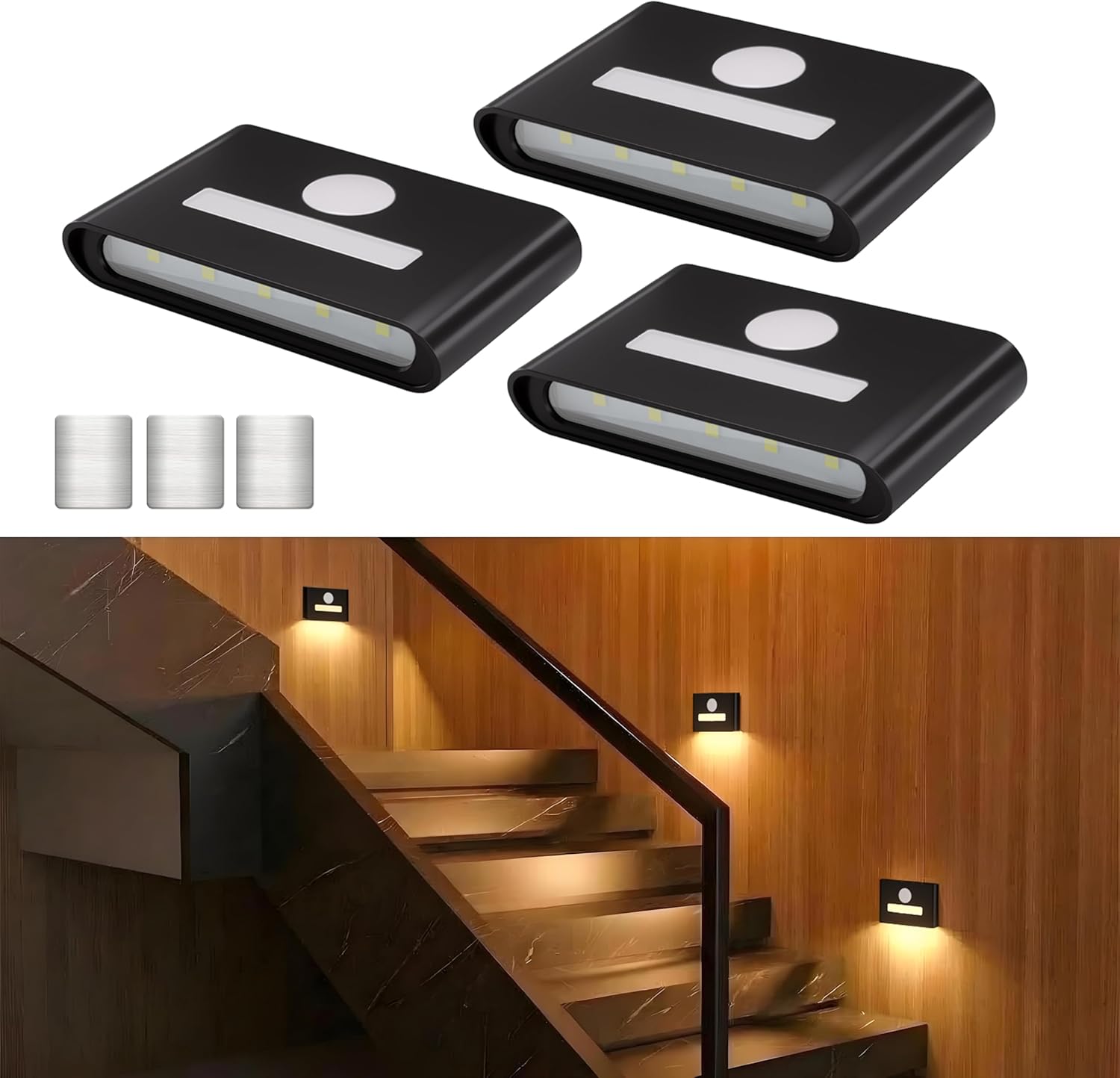 WOBSION Rechargeable Wireless Motion Sensor Stair Lights, Stick-On Wall Light with Dual Independent Lights, 3 Color Temperatures & Dimmable for Stairs,Hallway,Closet,Cabinet,Bedroom,Black