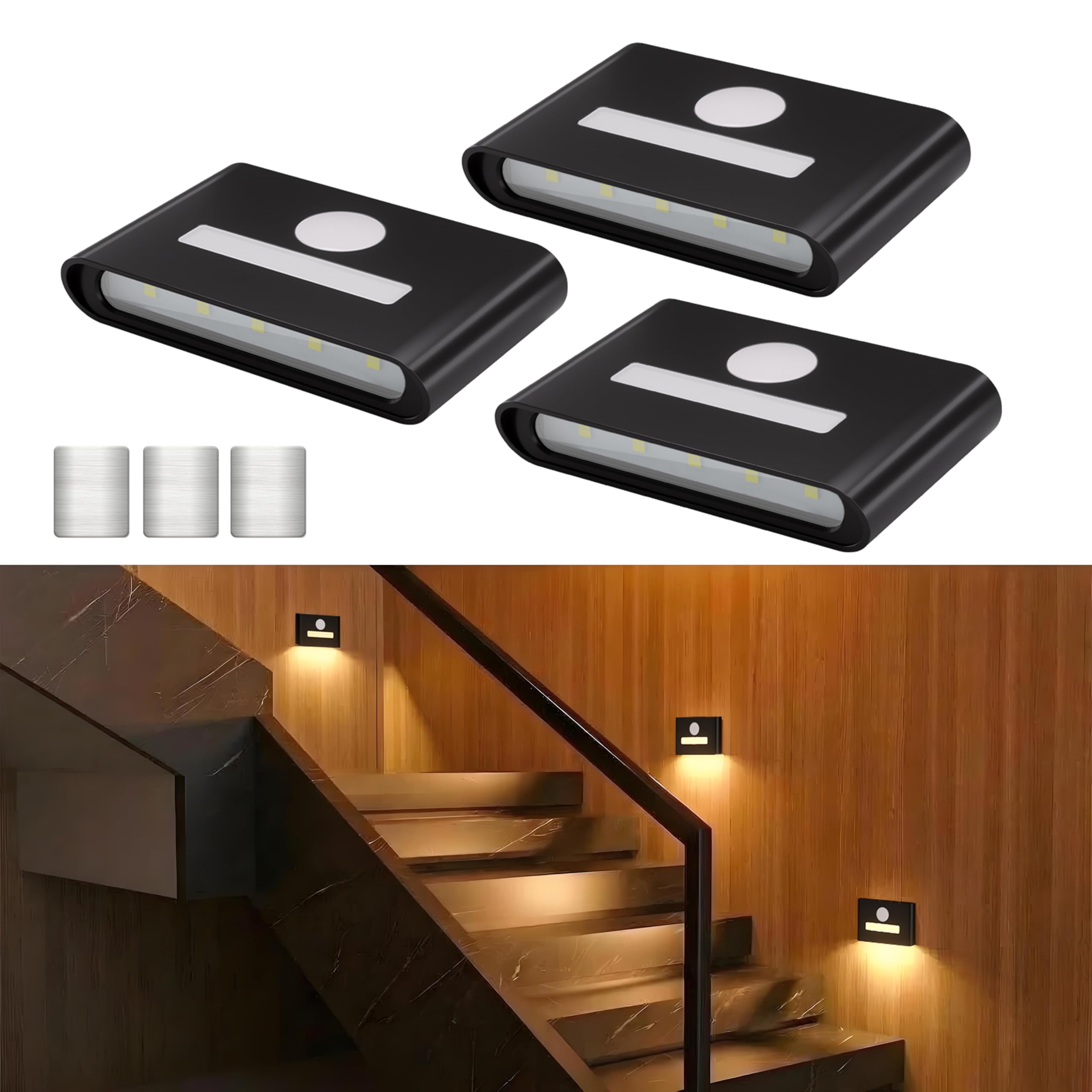 WOBSION Stair Lights Indoor, Wireless Motion Sensor Night Light, USB-C Rechargeable Stick on Light for Wall, Wardrobe, Cupboard, Toilet - 3 Pack, 3 Colour Temperatures, 1000mAh, Magnetic, Black