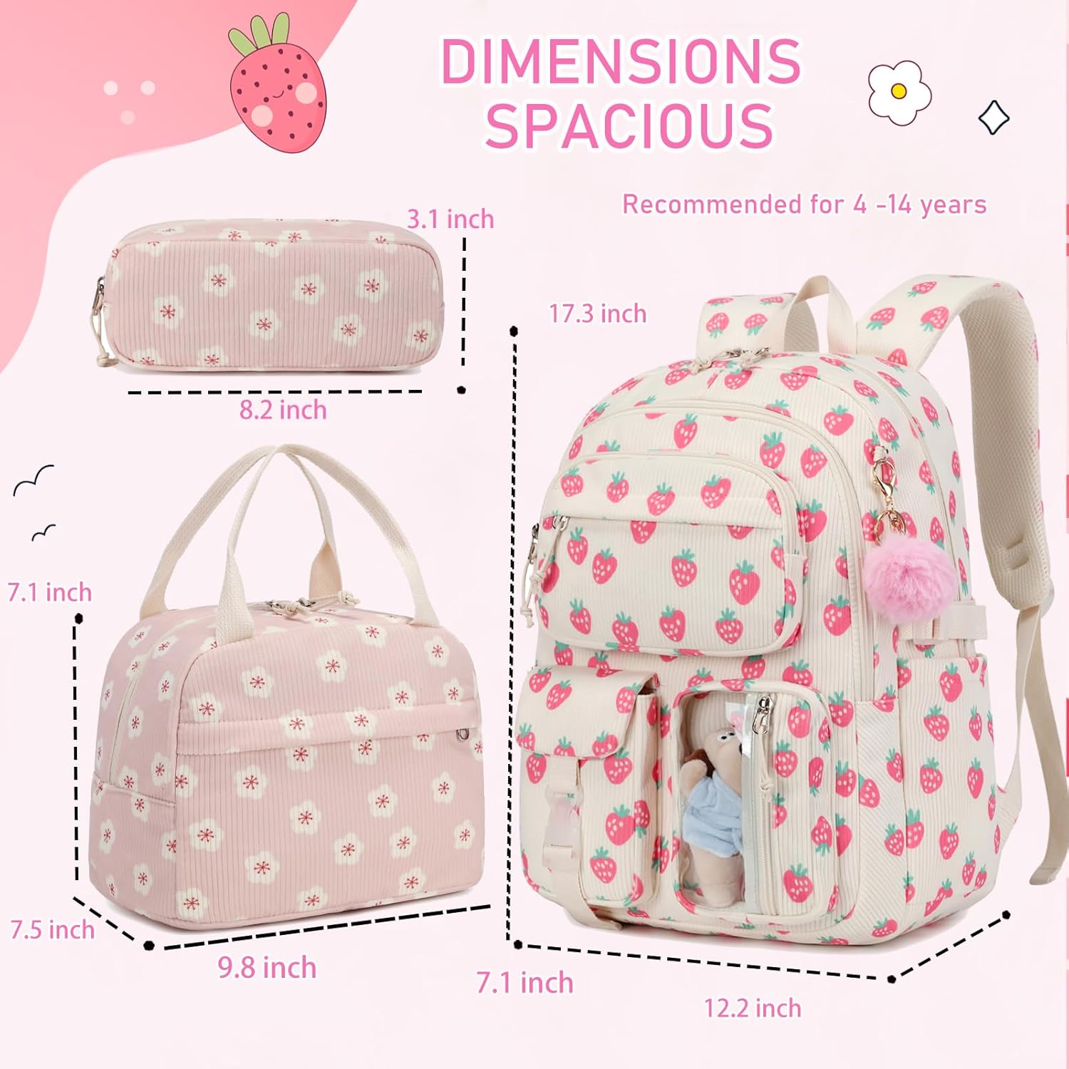 Corduroy Flower Backpack for Girls Teens School Bookbag with Lunch Box Pencil Case Laptop Sleeve Elementary Middle School Bag, Sakura-Pink