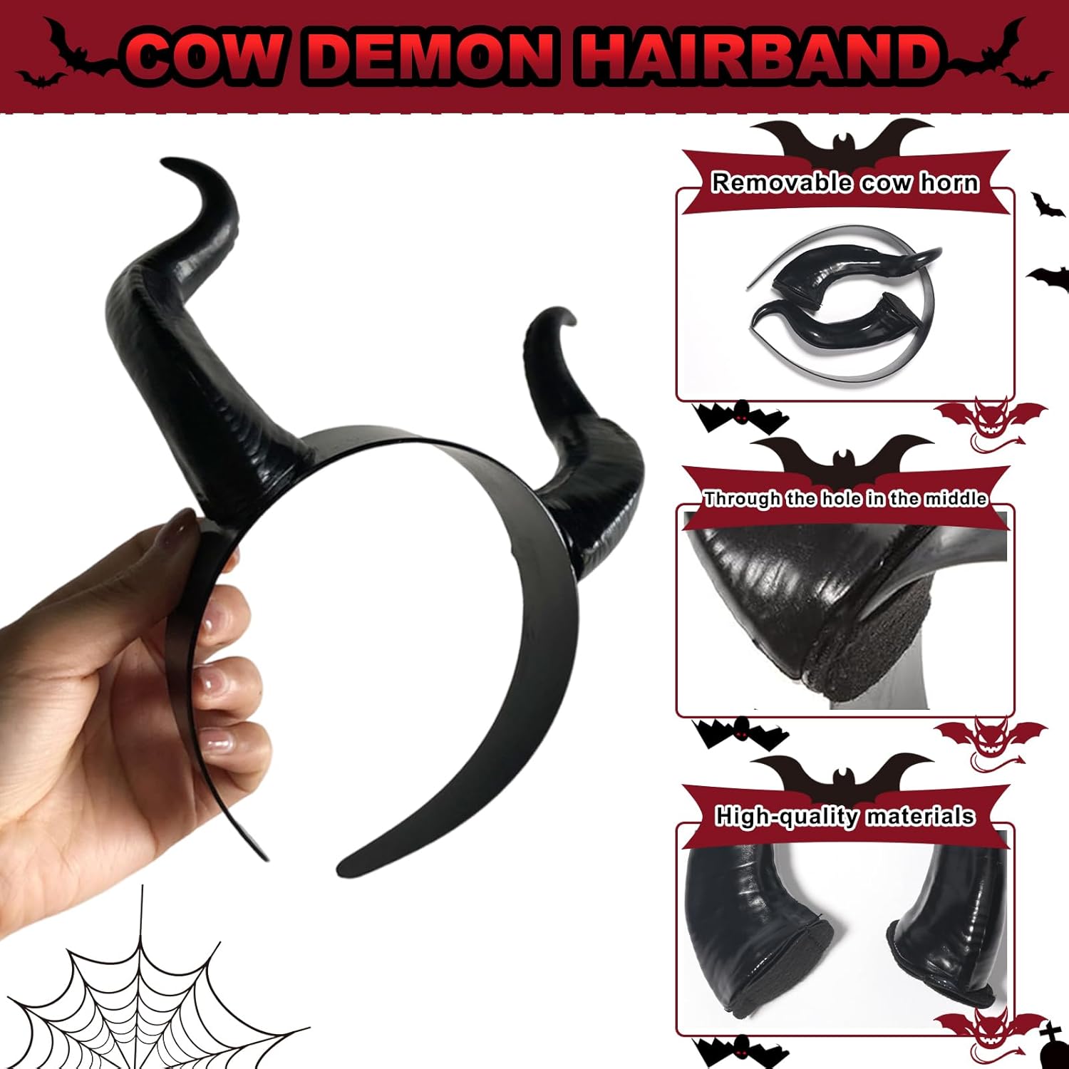 Devil Horns Headband Halloween Hairband Black Gothic Horn Hair Hoop Large Ox Horn Hair Band Design Cosplay Head Wear for Halloween Party Hair Accessories - Image 3