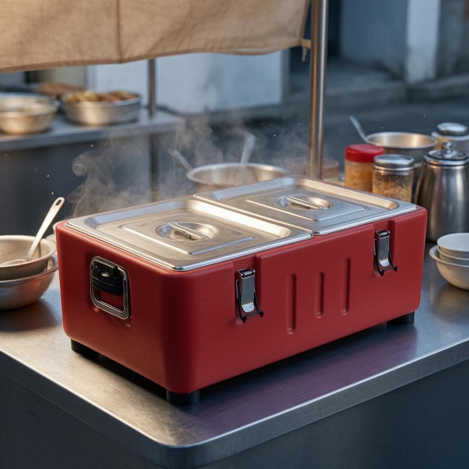 Contenedor Térmico Térmica Doble Tapa Contenedor Térmico Rectangular con Asas Laterales Recipiente Aislado, Caja De Aislamiento Con Revestimiento Extraíble De Cuatro Compartimentos