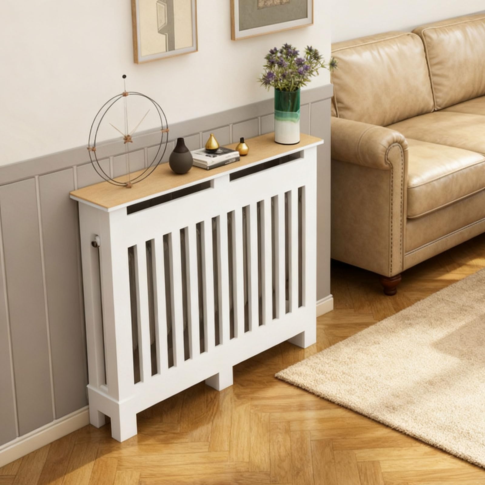 Biała nowoczesna osłona grzejnika z półką pionowa konstrukcja kratki żaluzji łatwa instalacja bez wiercenia idealna do salonów sypialni korytarzy 58 cm dł. x 9,8 szer. x 53 cm wys