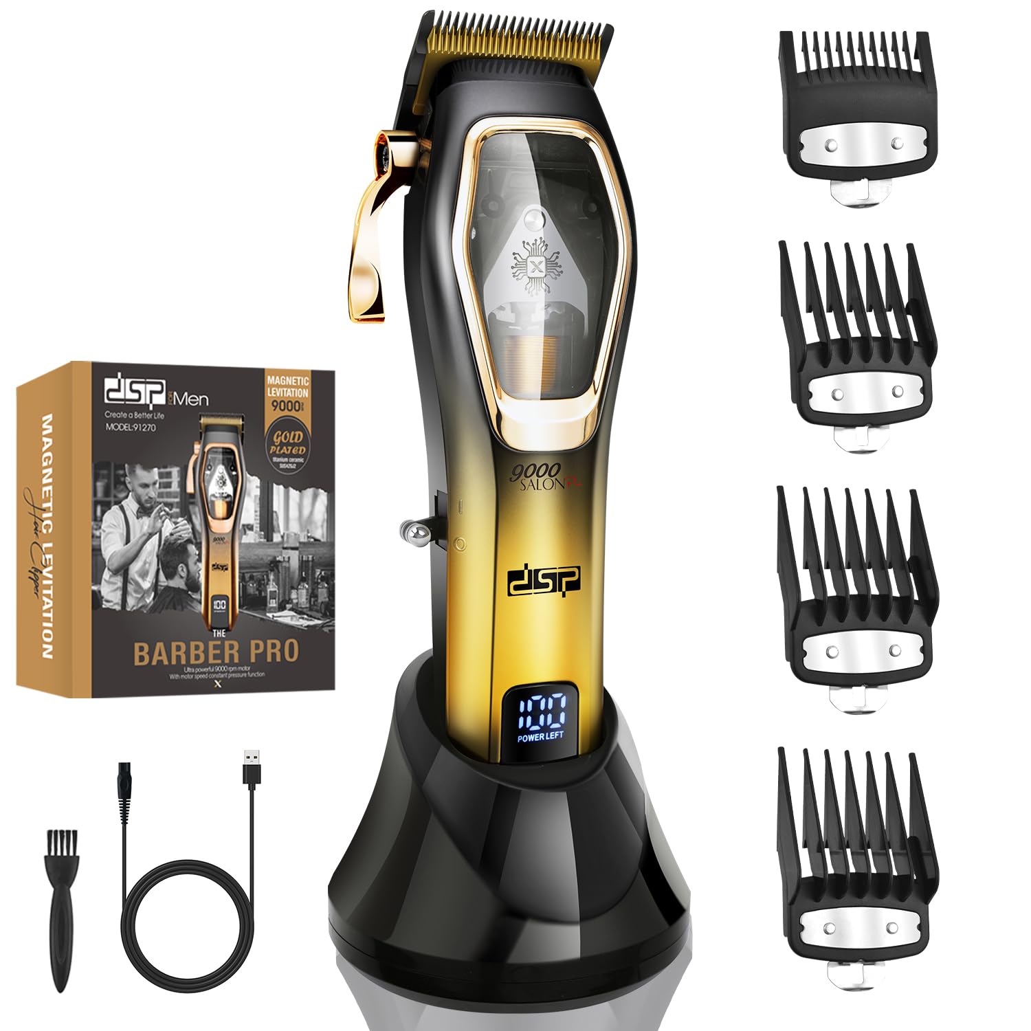 DSP Pro Barber Hair Clippers Set : Tondeuse magnétique sans fil 9000 tours/minute, contrôle de la vitesse constante pour une coupe en douceur. Lames en céramique, batterie 2500mAh (Or)