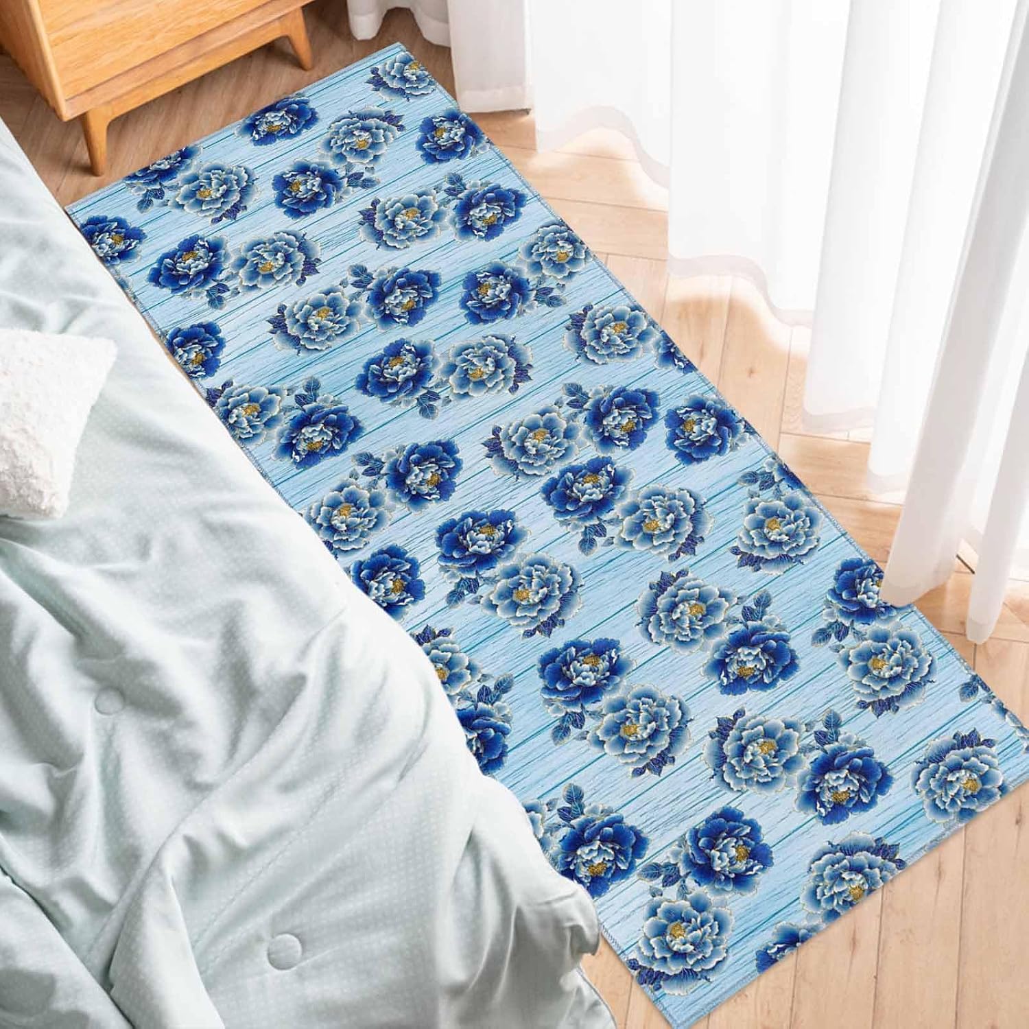 Teamery Kitchen Mats for Floor Country Peony Flower Wood Board Washable Non Slip Kitchen Rugs 1PCS, Blue Gradient Floral Absorbent Standing Mats for Sink Bathroom Office Living Room 23.6x70.9in