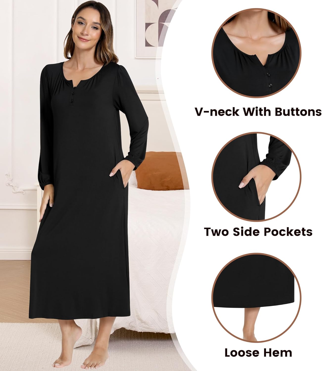 NACHILA Women's Nightgowns-Viscose Made from Bamboo, Long Sleeve Nightshirt Full Length Sleepshirt Soft Sleepwear with Pocket - Image 4