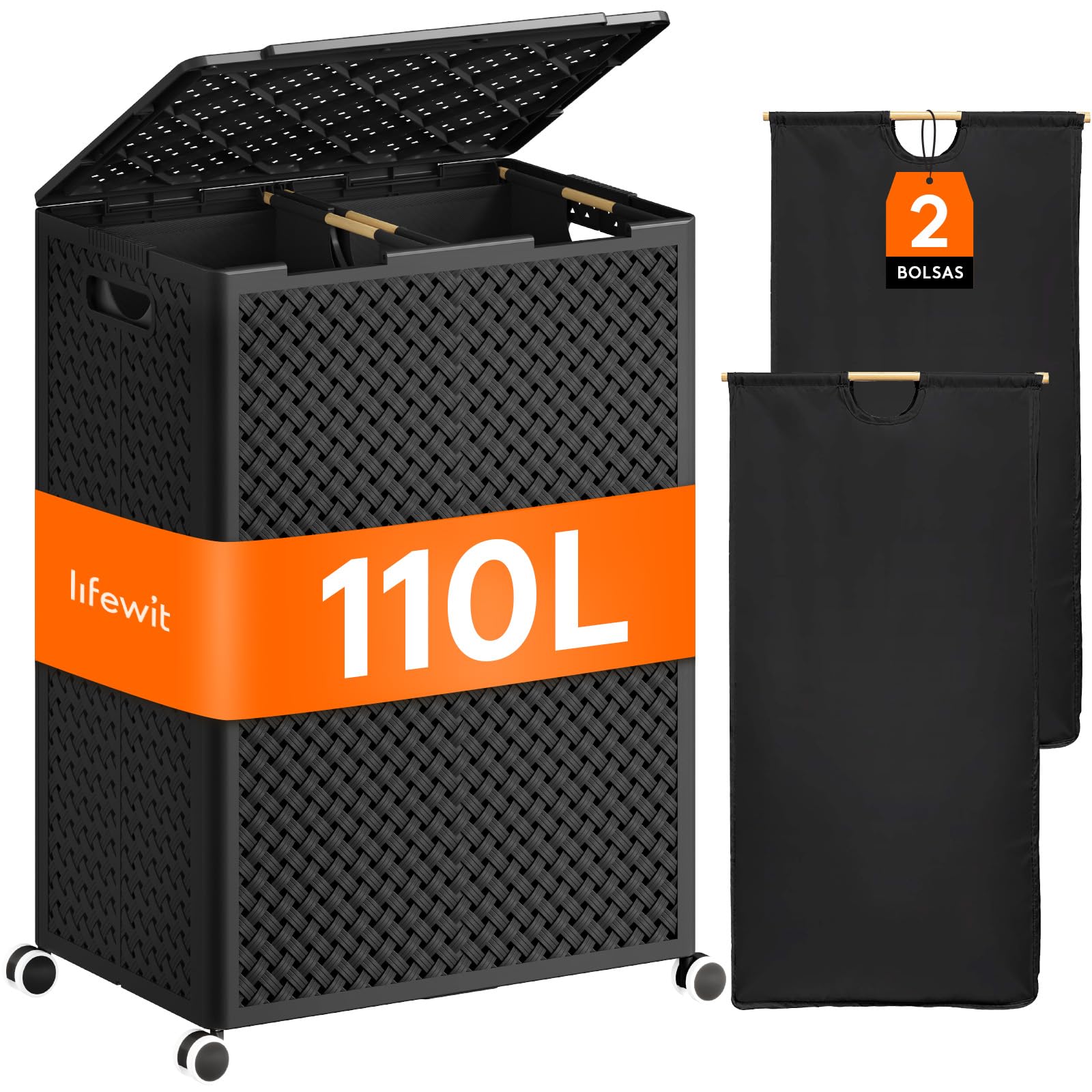 Lifewit Gran Cesto Ropa Sucia de Plástico 2 Compartimentos 110 L, Cesta Plegable con Ruedas y Bolsas Interiores Desmontables, Cubo de Ropa para Dormitorio, Baño, Lavandería, Negro