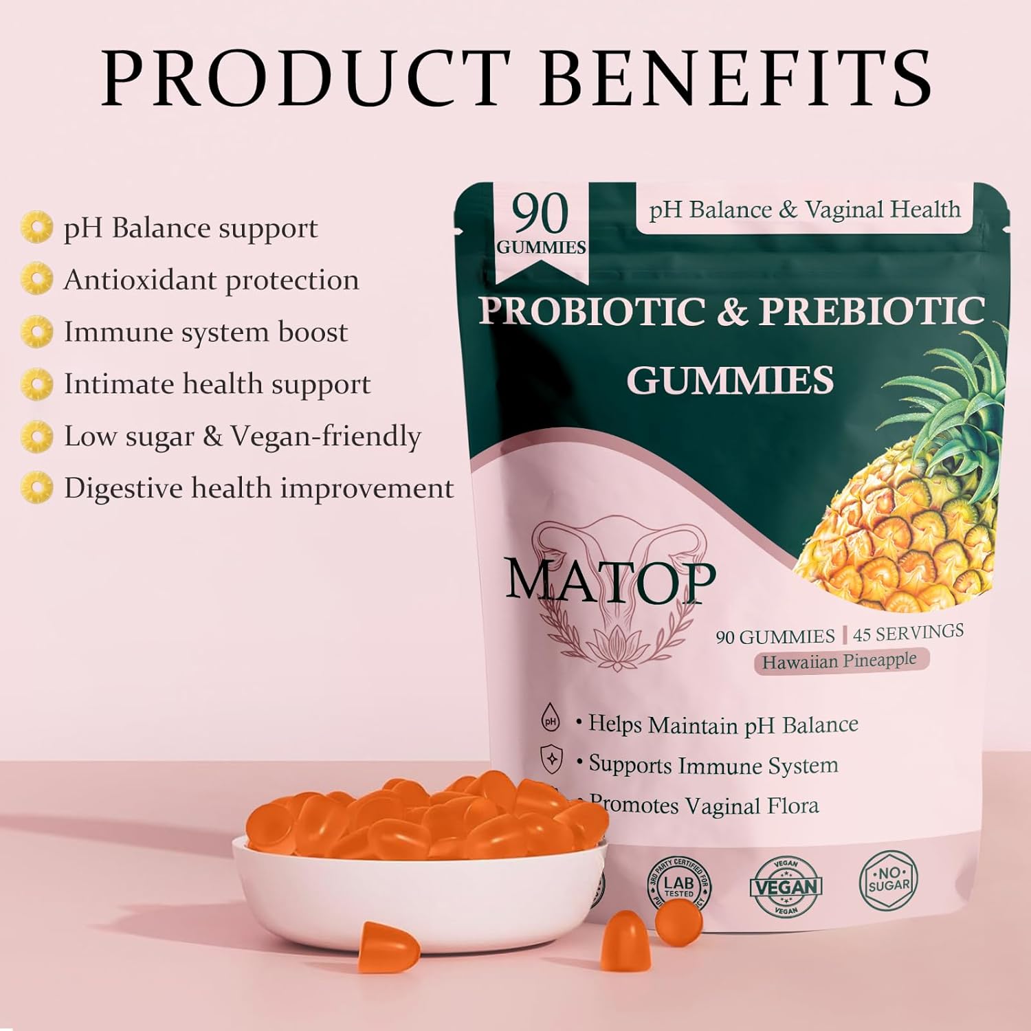 MATOP Probiotic Prebiotic pH Balance Gummies - Vaginal Health Gummies for Women Pro + Prebiotic with Pineapple Flavor, Vegan, Sugar-Free – 90 Gummies (45 Servings)