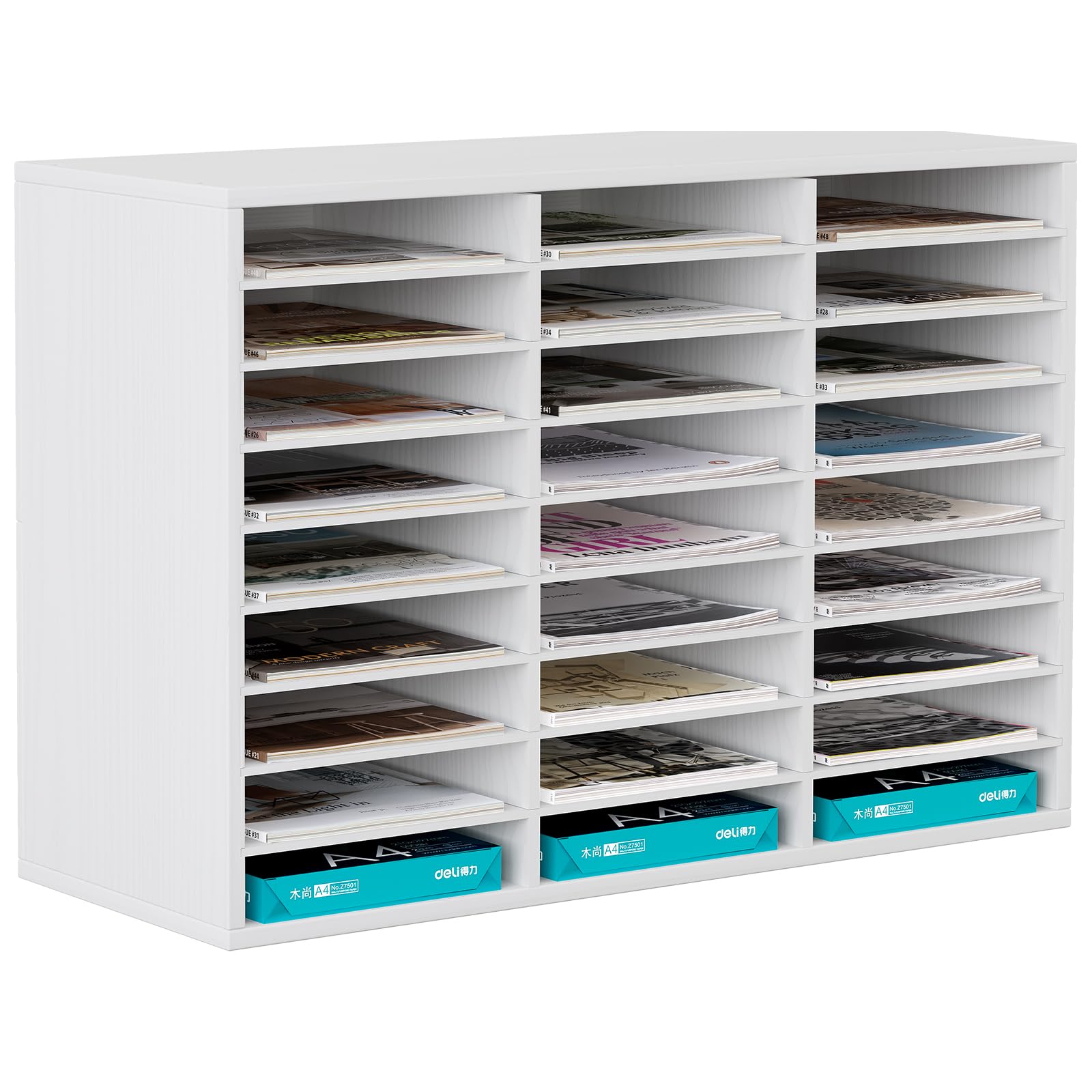EasyPAG 27 Compartiments Bois Corbeilles à Courrier A4 Banette de Rangement Bureau Porte Revue Organisateur de Magazine Range Document Bannette Papier,Blanc