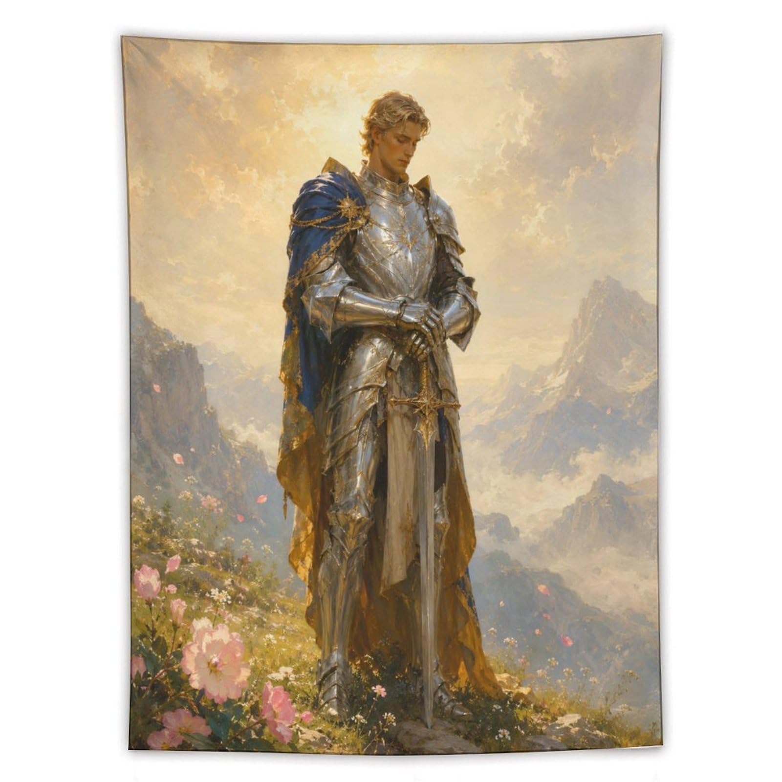 W7C8U2X3 Medieval Golden Knight Mountain Wall Tapestry, Renaissance Art