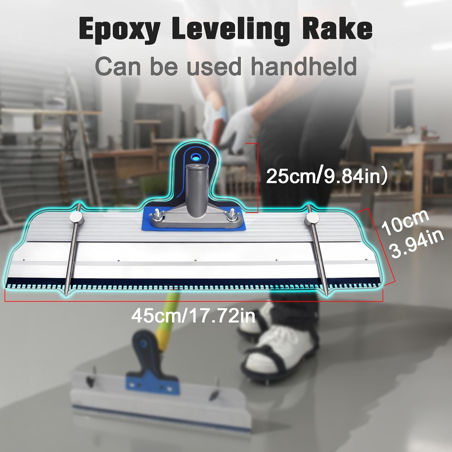 Professional Self Leveling Tool Kit, 18" Spiked Roller, 18" Floor Squeegee & Rake, Adjustable 12-18" Frame, 20-50" Extension Pole, Epoxy Floor Leveling Tools Set(Blue Set)