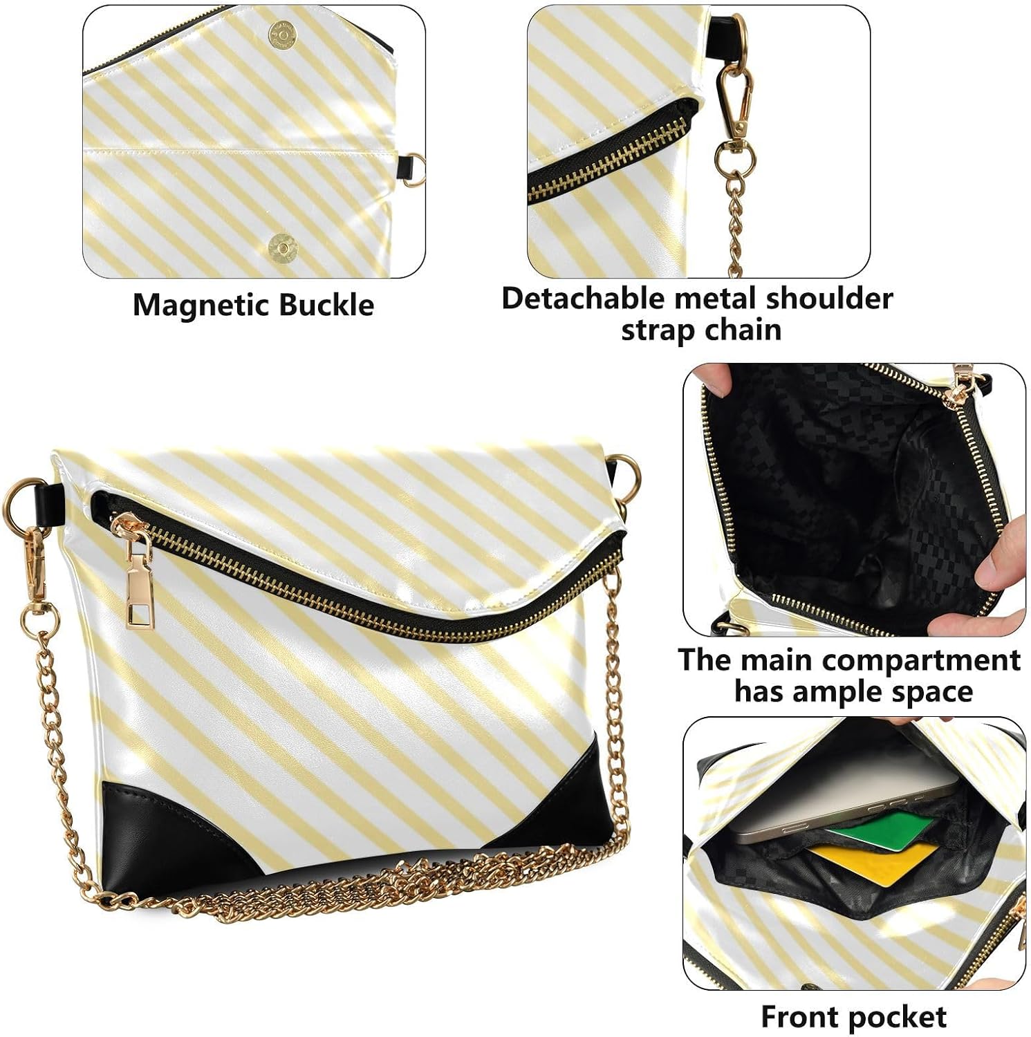 PU Leather Clutch Handbags for Women Elegant Crossbody Bags for Travel Yellow Stripes