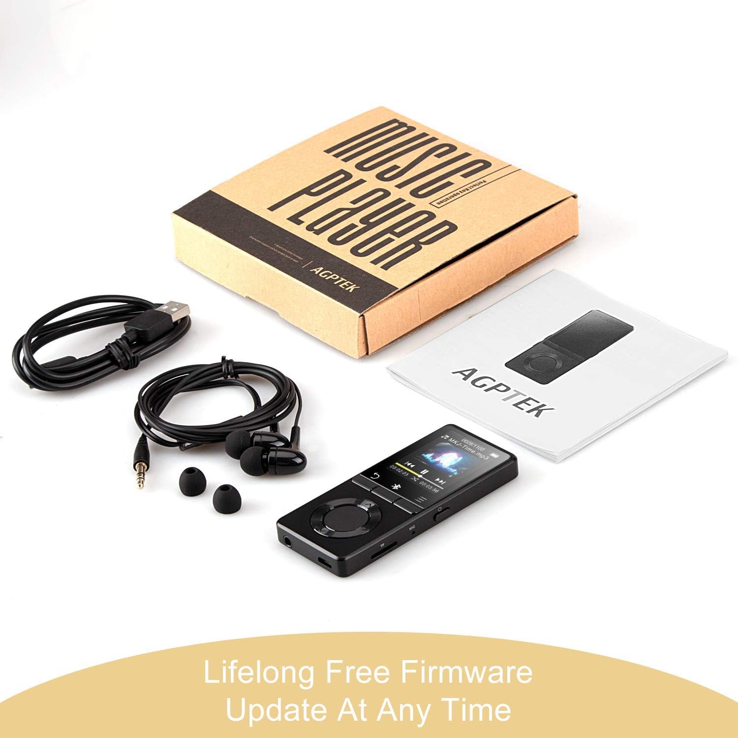 AGPTEK MP3 player, box, and accessories, with text 'Lifelong Free Firmware Update At Any Time'