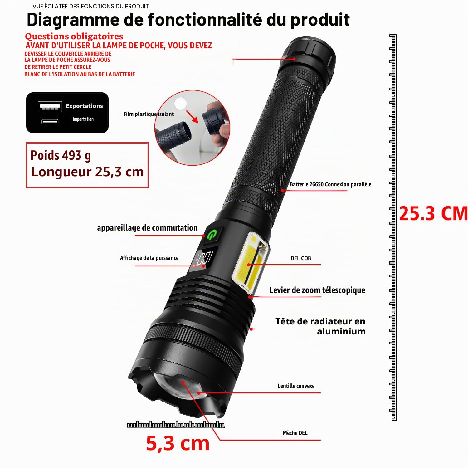 ASORT Lampe de poche rechargeable 990 000 lumens, extrêmement lumineuse, rechargeable par USB, lampe de poche tactique, zoomable, étanche IP67, 10 modes d'éclairage pour la maison, l'extérieur, les