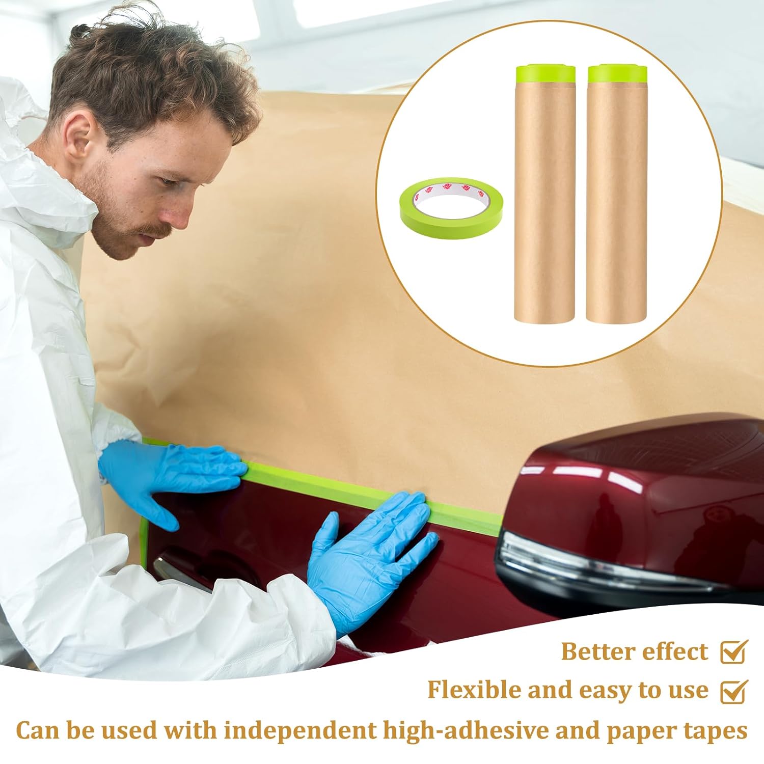 2 Rolls Pre-Taped Masking Paper for Painting 24 inch x 50 feet Tape and Drape Painters Painters Masking Tape Adhesive Protective Paper for Auto Body Covering Skirting Wall Covering