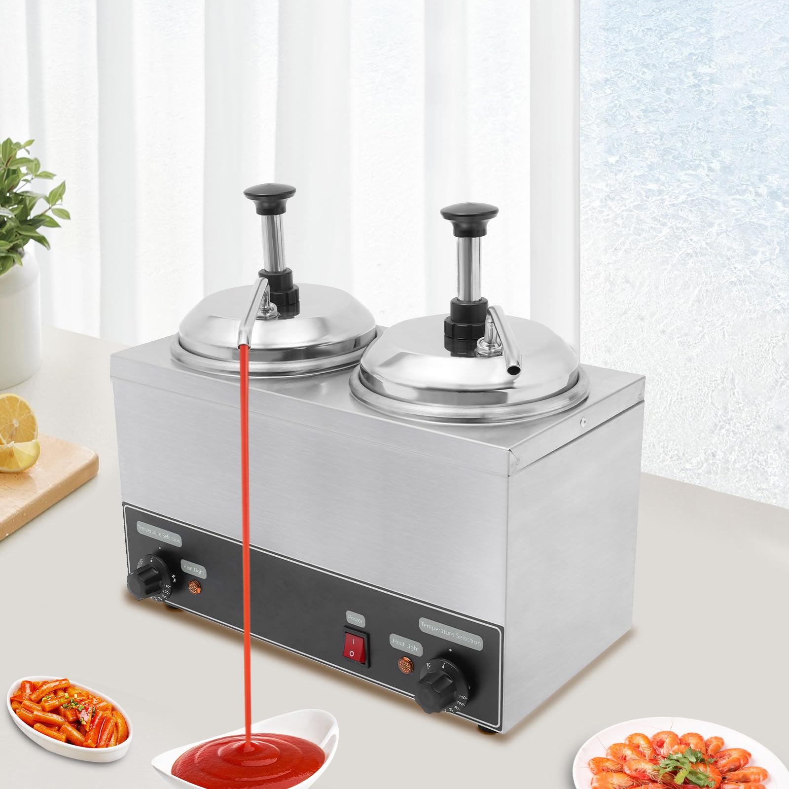 Commercial Electric Cheese Warmer Dispenser 2x2L Stainless Steel Countertop Double Heads Cheese Dispenser with Pump Chili Hot Fudge Caramel Butter Sauce Warmer