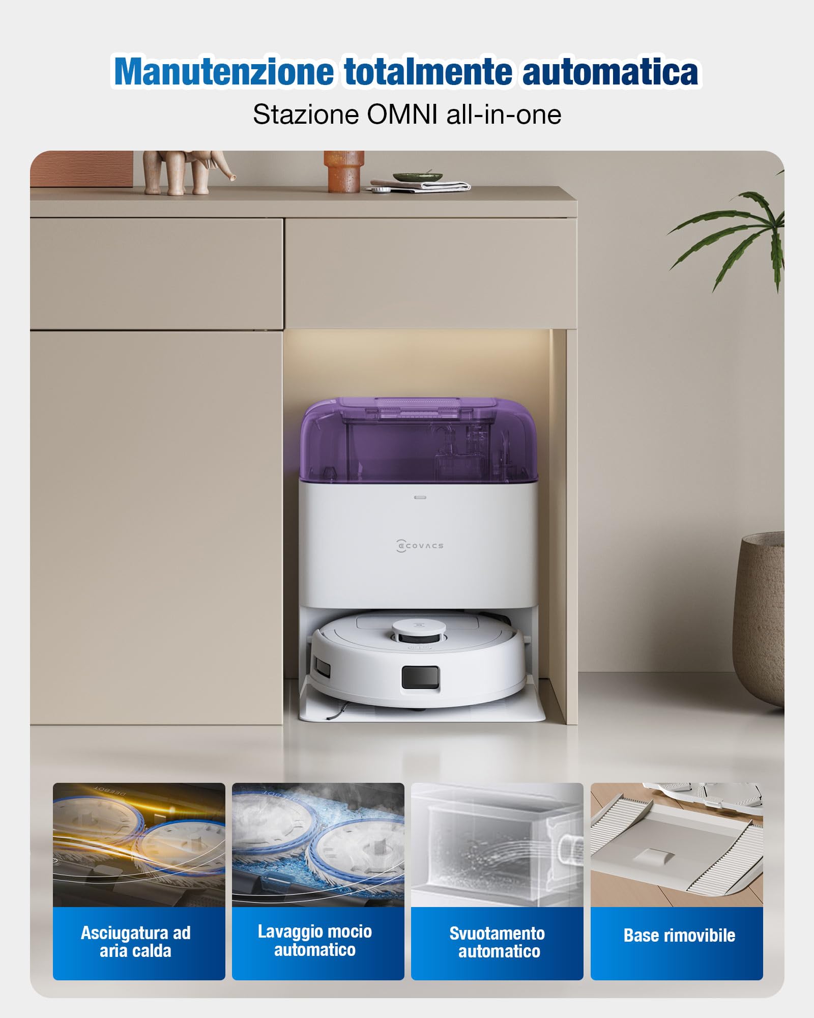 ECOVACS DEEBOT MINI Robot Aspirapolvere Lavapavimenti, 9000Pa, ZeroTangle 2.0, TrueMapping 2.0, Asciugatura ad Aria Calda 45°C, Svuotamento Automatico, Lavaggio Profondo Intelligente, Viola