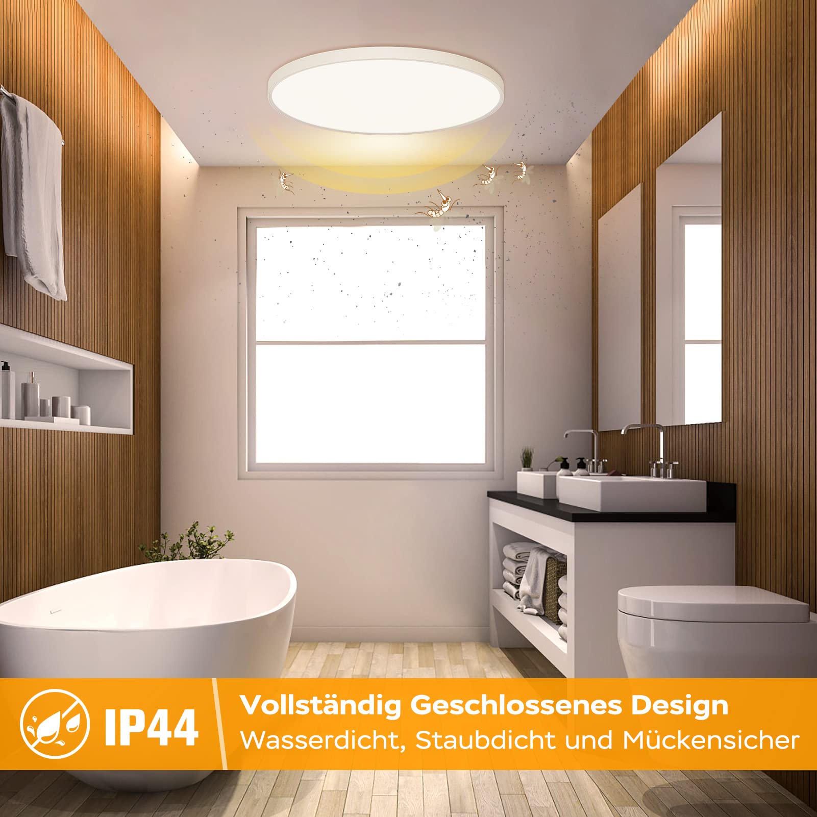 OUILA LED Deckenleuchte Flach Rund - Deckenlampe LED 24W 3000K 2400LM IP44 Wasserdichte Badezimmer lampe, Küchenlampe Deckenleuchte Warmweiß für Küche Bad Schlafzimmer Flur Keller, Durchmesser 30cm