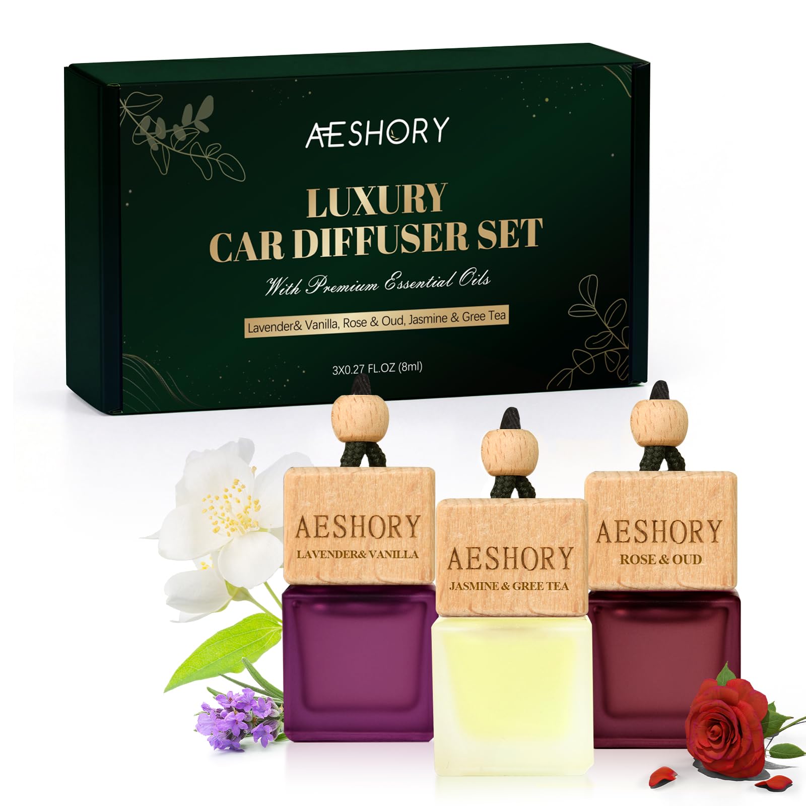 Aeshory 3 x 8 ml Odświeżacz Powietrza Do Samochodu Kwiaty, Dyfuzor Do Wnętrza Samochodu, Perfumy Do Taksówek, Biur I Domów – Jaśmin & Zielona Herbata, Lawenda & Wanilia, Róża & Oud