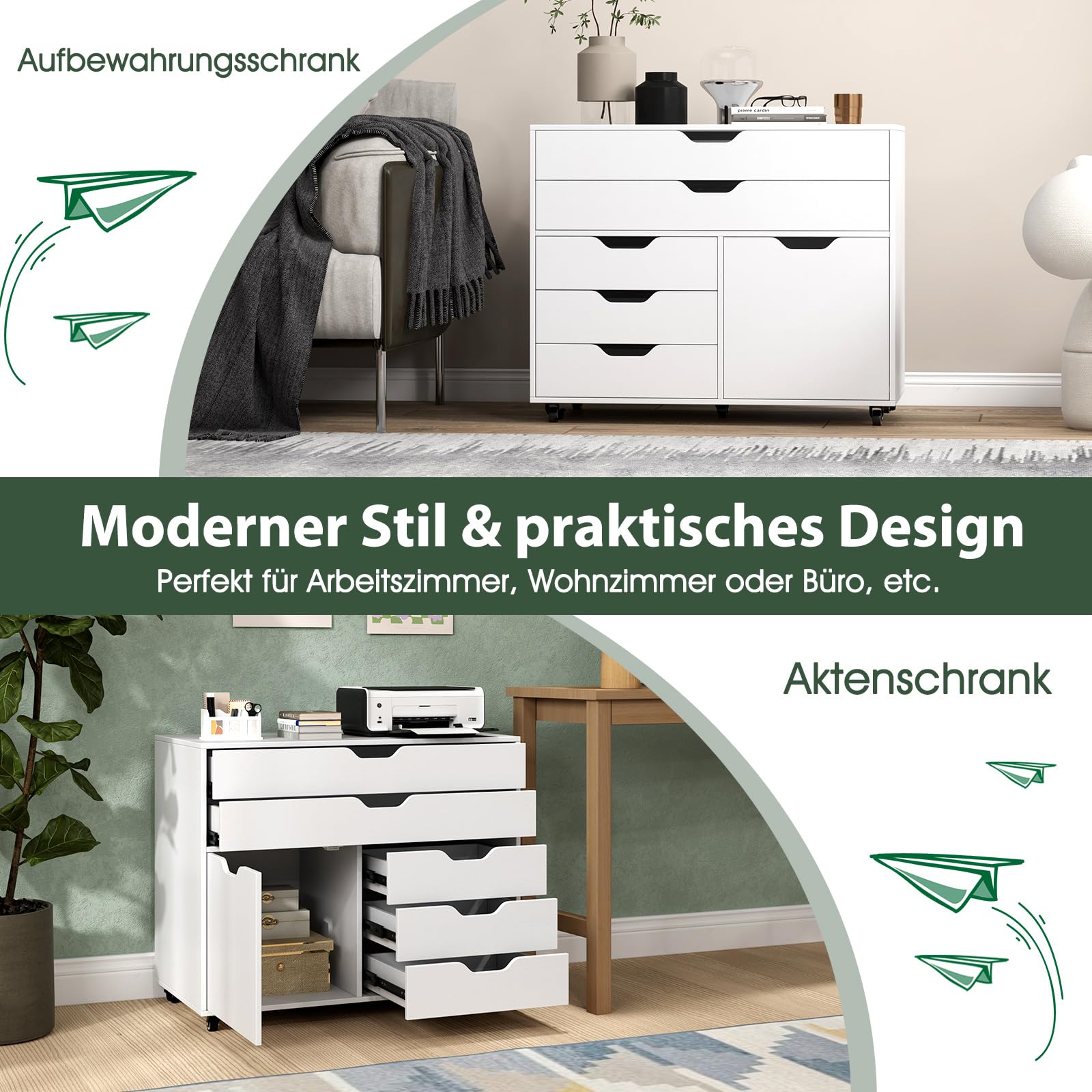 COSTWAY Rollcontainer mit 5 Schubladen & Schrank, mobiler Aktenschrank mit Rollen, Schubladenschrank mit Arbeitsplatte, Rollwagen Bürocontainer aus Holz für Zuhause, Büro, Weiß