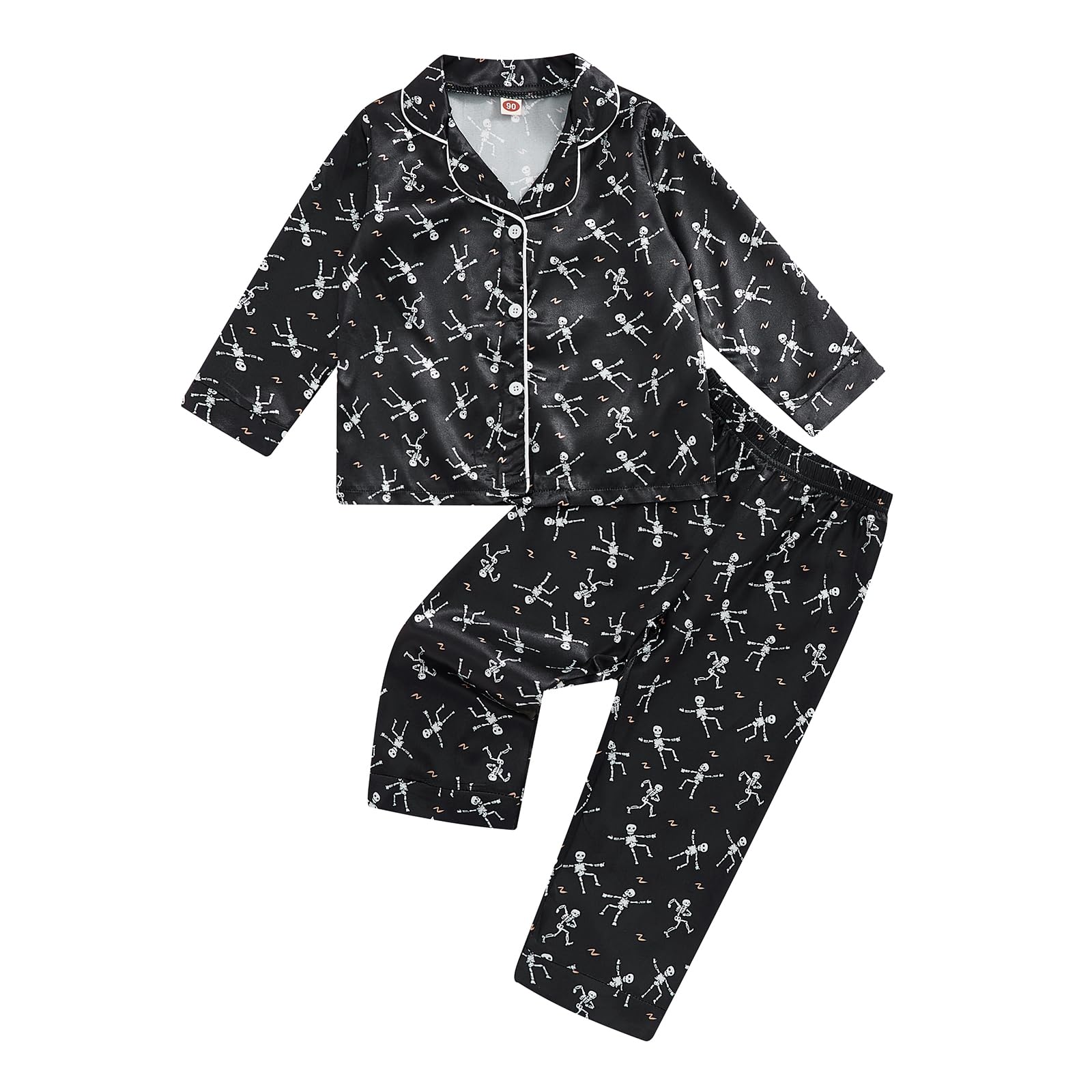 Qiylii Toddler Boys Girls Skull Pajamas Black Halloween Button-Up Silk Pajamas Kids Long Satin Pajama Set Skeleton Sleepwear (Black 7-8T)