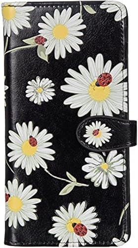 Shag Wear Cartera de mano vegana con cremallera para mujer, con bonitos diseños de naturaleza, Margaritas y mariquitas, negro, Cartera de viaje