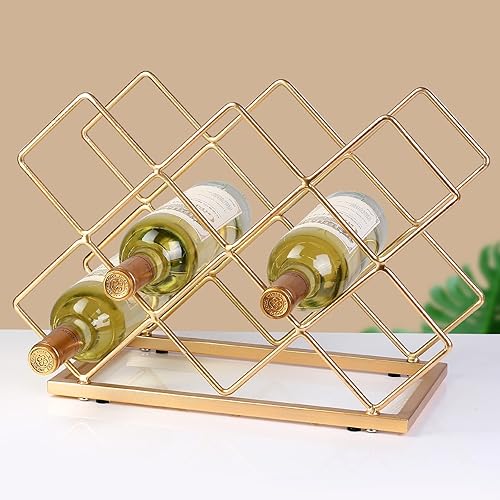 Miniatura 4 de Estante de vino para encimera, 10 botellas, moderno, de metal dorado, pequeño, soporte de vino de mesa para gabinete, despensa, almacenamiento de
