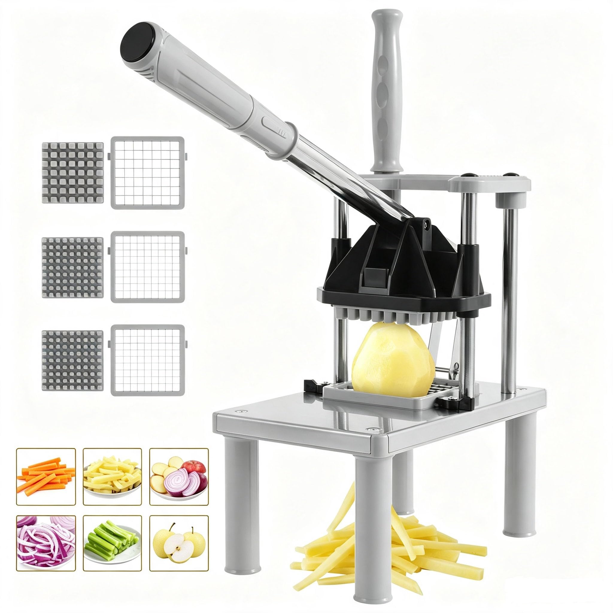 Stainless Steel Food Dicer, Commercial Vegetable Fruit Chopper, Commercial Grade Fry Cutter, Kitchen Fry Prep Machine, Vertical Press Vegetable Slicers, for Tomato Peppers Potato Mushroom