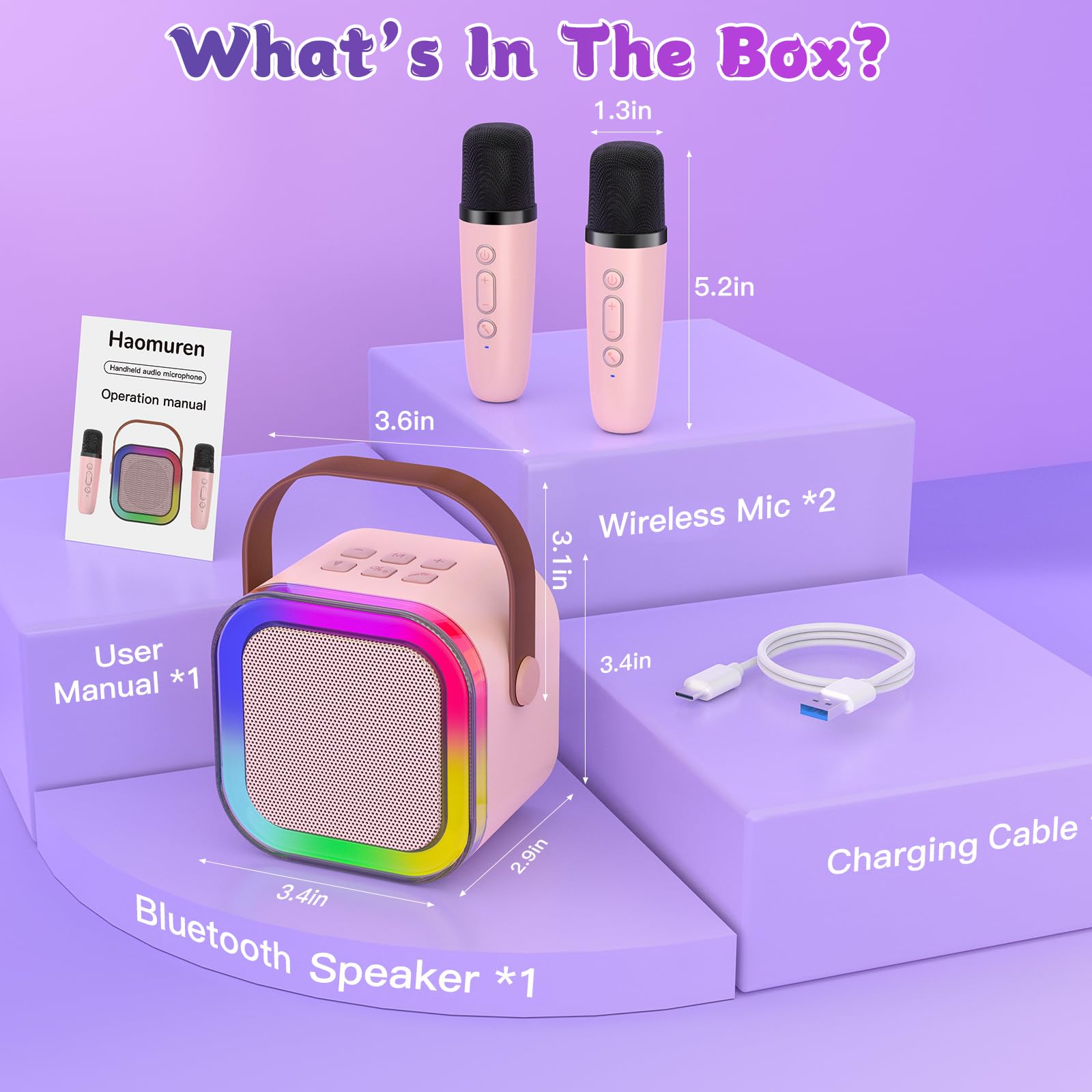 Mini máquina de karaoke para niños, altavoz Bluetooth portátil  con 2 micrófonos inalámbricos y luces LED de color, regalos de cumpleaños de Navidad, juguetes para niñas, niños y amigos de 3 a 8
