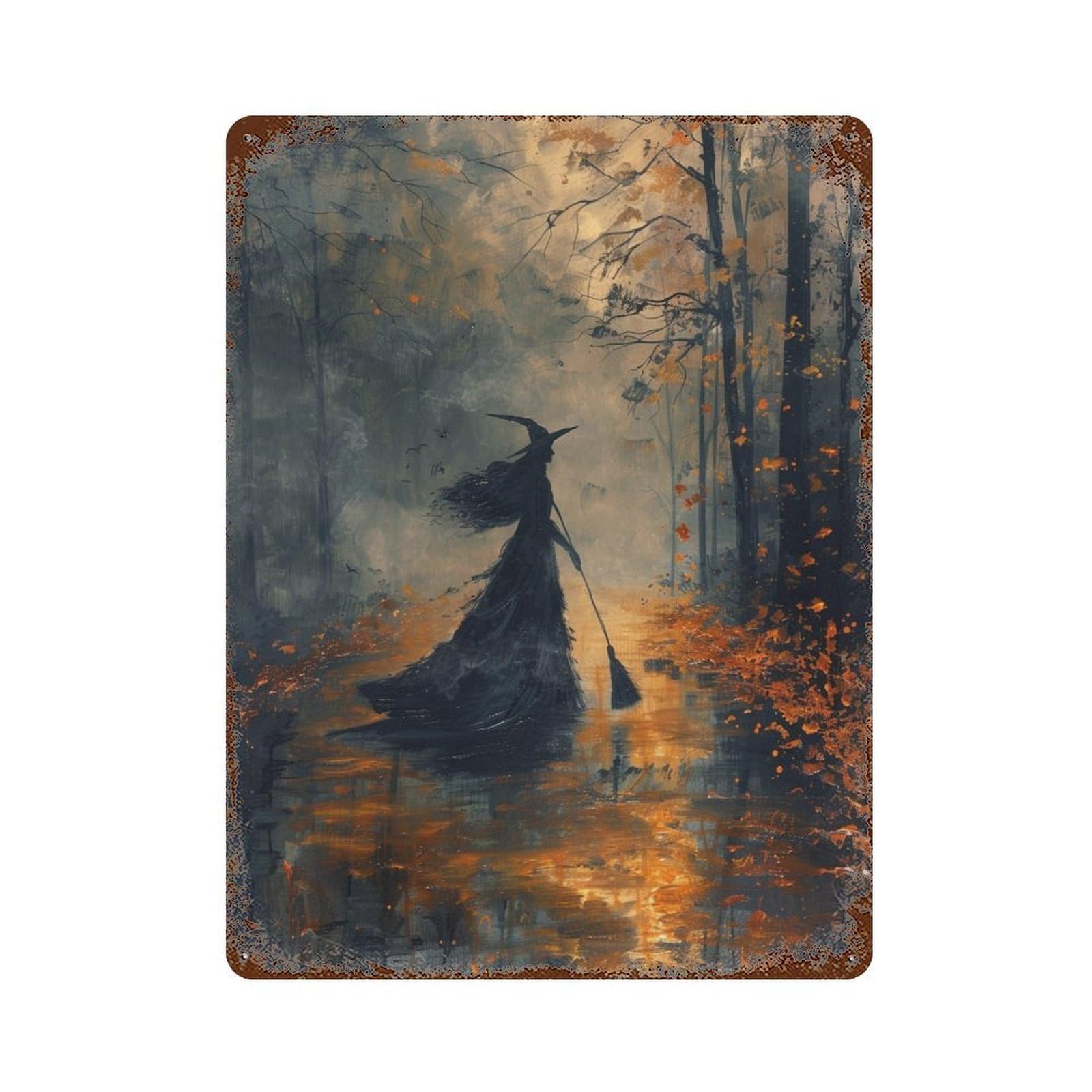 Garage Style Witch in Forest Painting Vintage Rust Metal Sign 15.7"x11.8", Novelty Wall Decor for Bar And Workshop