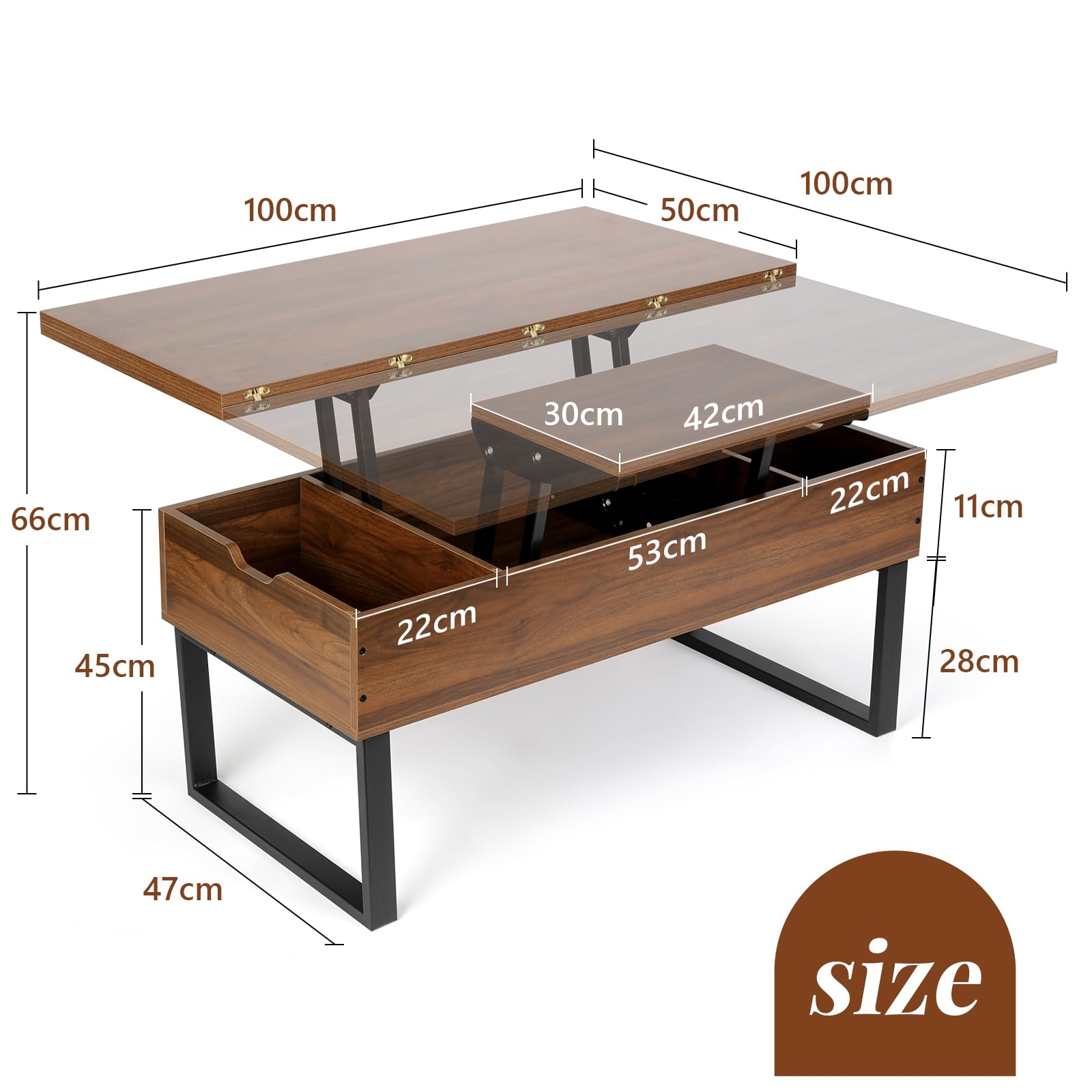 VOWNER Table Basse Relevable, Table de Salon Multifonctionnelle 3 en 1 avec Rangement Caché, Table Basse Convertible Manger de Salon, Couleur Noyer