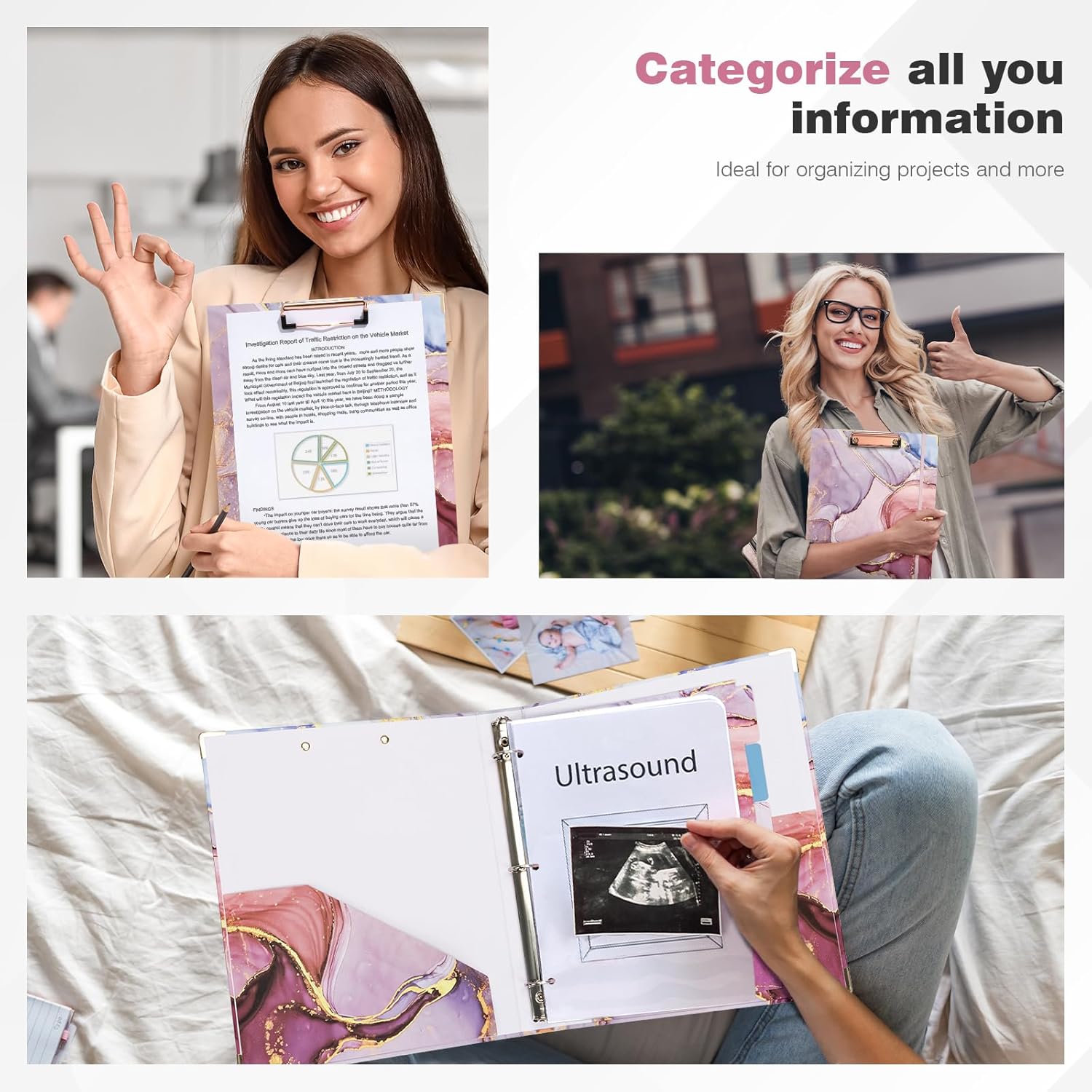 Ospelelf 3 Ring Binder 1 Inch, Pink Binders for Letter Size Documents(11" x 8.5") with 5 Tab Dividers, Clipboard Organizer, Back to School and Office Supplies - Image 5