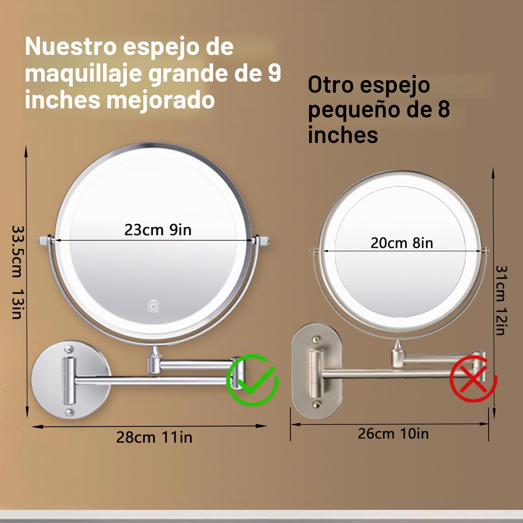 Espejo de tocador grande recargable iluminado de 9 pulgadas montado en la pared, espejo de aumento 1X/10X con luz para baño, espejo cromado montado en la pared con brazo oscilante con 3 luces de color