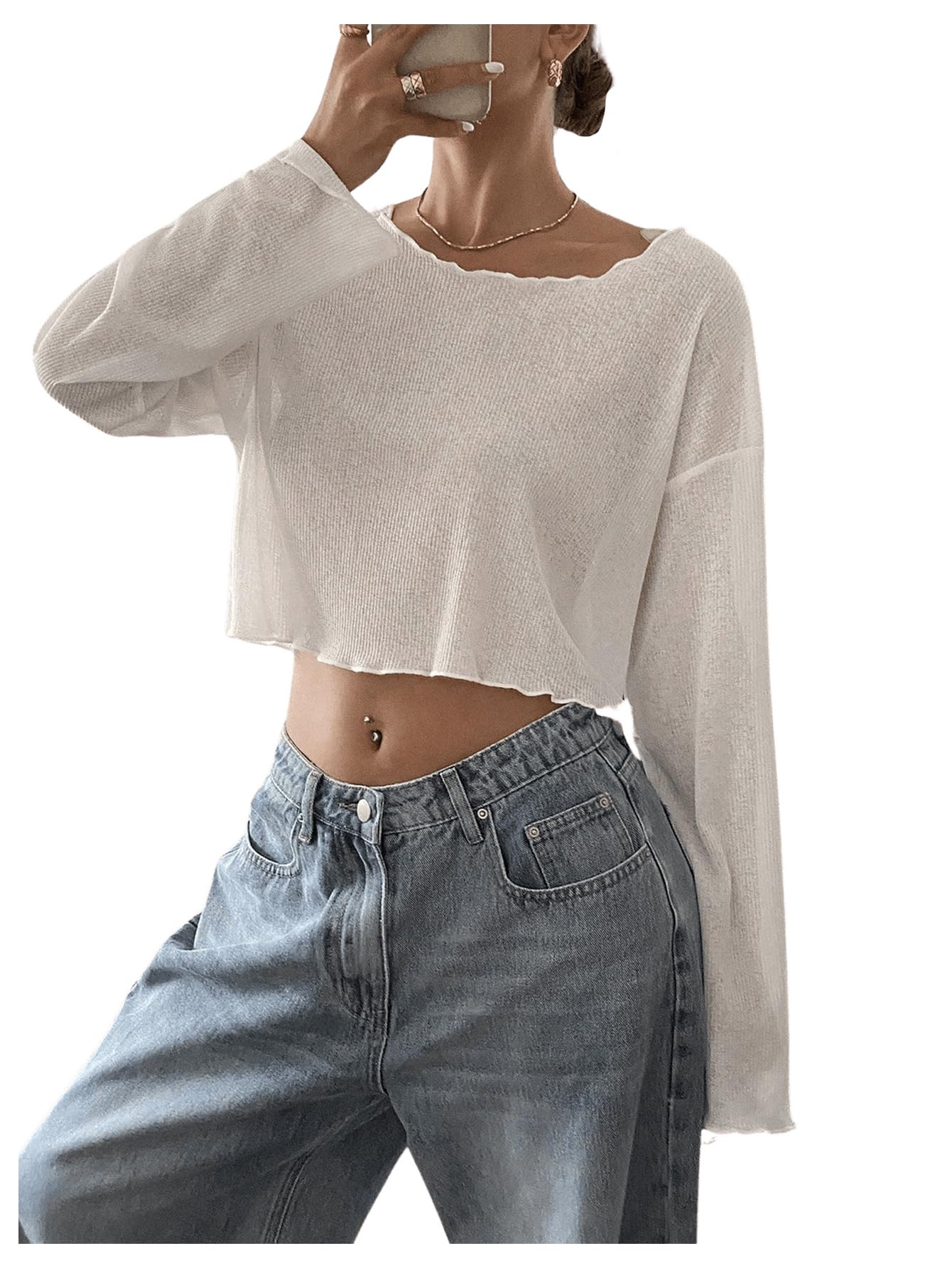 RoseSeek Women's Mesh Sheer Tops Drop Shoulder Lettuce Trim Crop Tops Loose Streetwear Long Sleeve Tee Shirt Going Out Tops