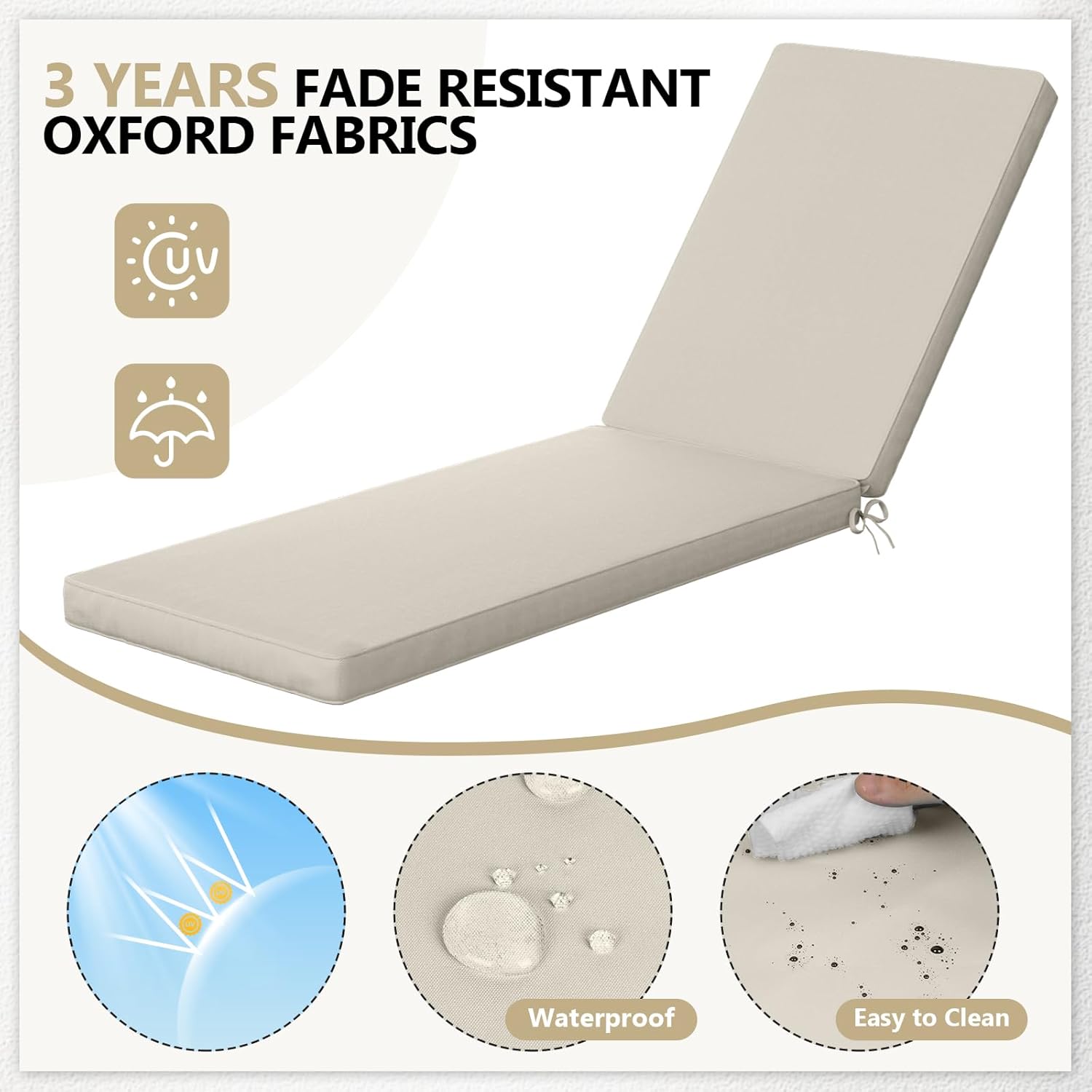 2 Pcs Out Door Chaise Lounge Cushions Covers, 72 x 21 x 3 Inch Chair Cushion Replacement Cover, Waterproof Chaise Cushion No-Slip Cover with Zipper Ties