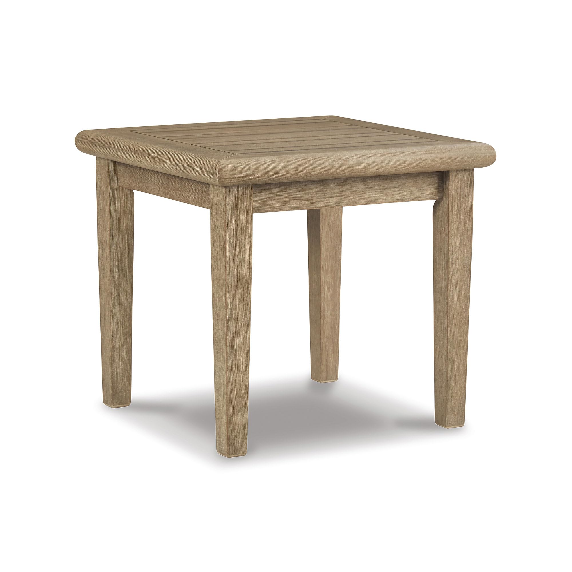 Signature Design by Ashley Gerianne Outdoor Square End Table with Slatting Styling and 5-Step Finishing Process, Eucalyptus Wood Frame, 22" High, Grayish Brown