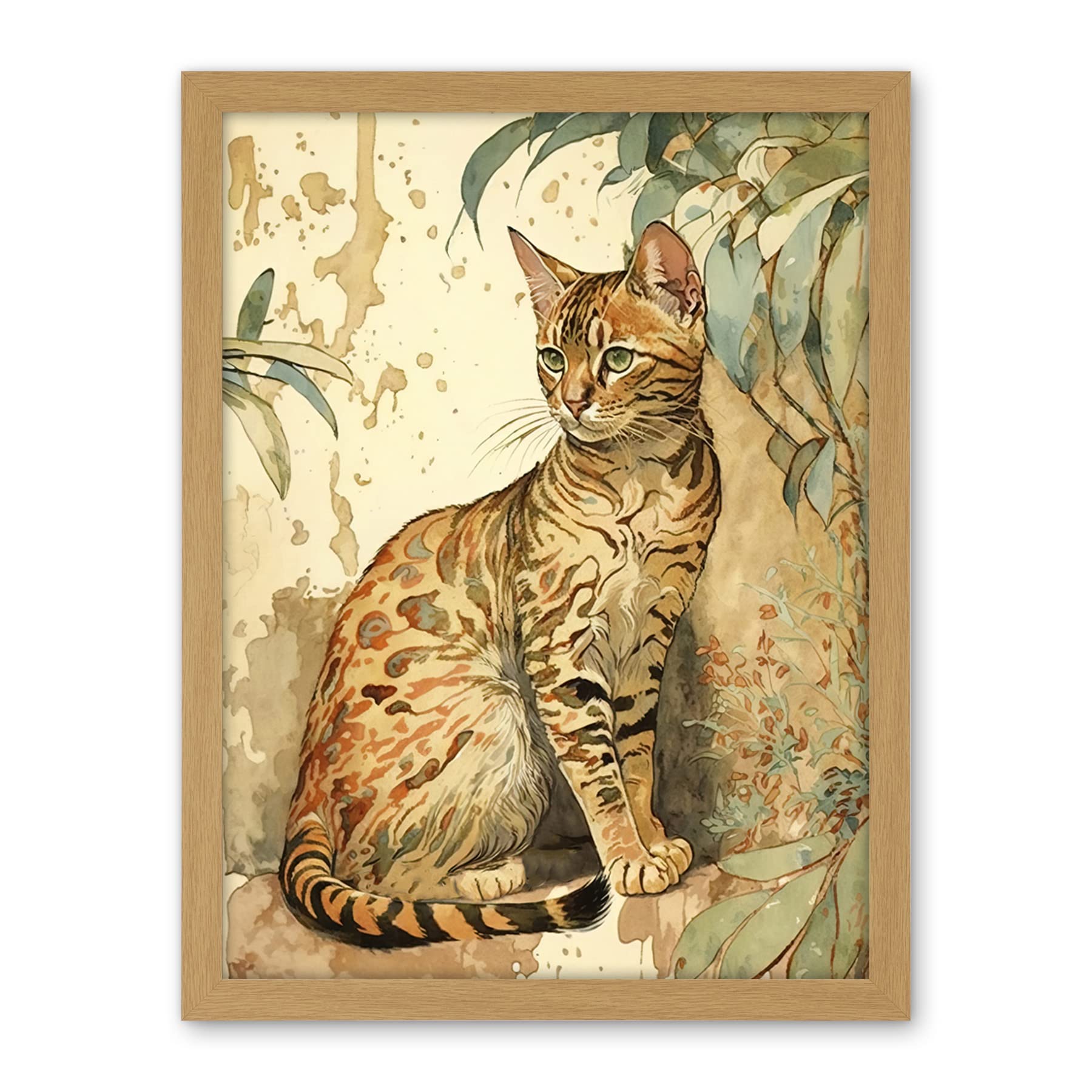 Artery8 Marble Coat Bengal Cat Perched on Street Wall Watercolour Illustration Artwork Framed Wall Art Print 18X24 Inch