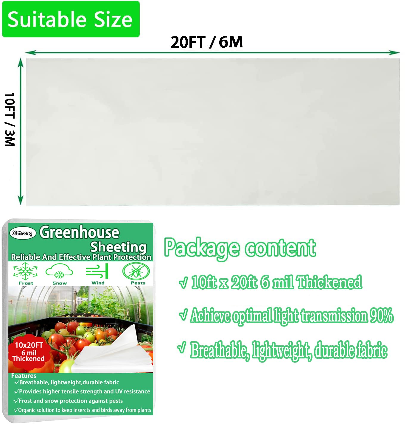Lámina de plástico para invernadero de 10 x 20 pies, película de polietileno transparente de 6 mil de grosor, impermeable, viento, heladas, polvo, resistente a los rayos UV, cubierta de